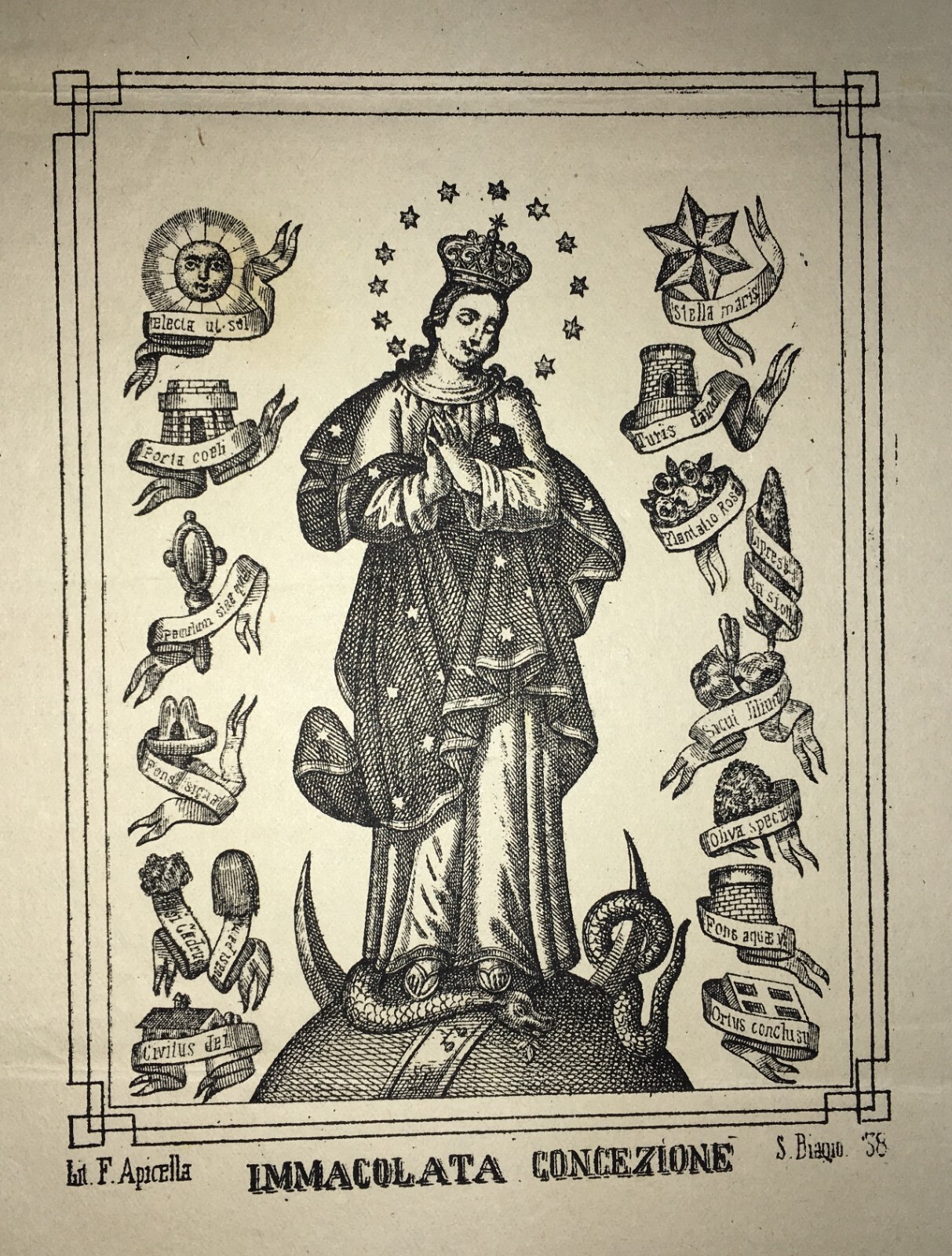 Antica Stampa Popolare Devozionale, Madonna Immacolata, Napoli, Litografo Apicella