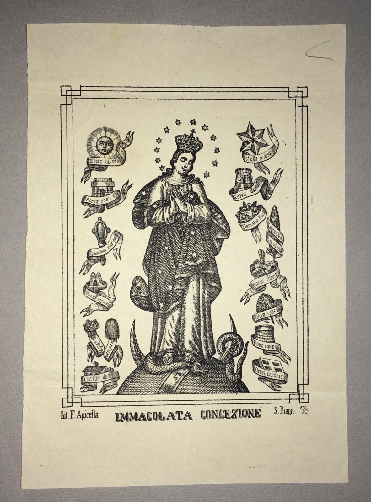 Antica Stampa Popolare Devozionale, Madonna Immacolata, Napoli, Litografo Apicella