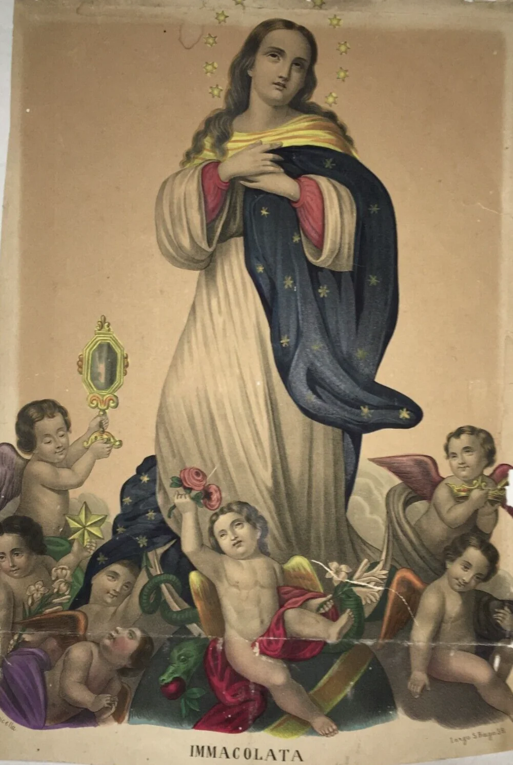 Antica Stampa Popolare Devozionale Madonna Immacolata Litografia Colorata Napoli