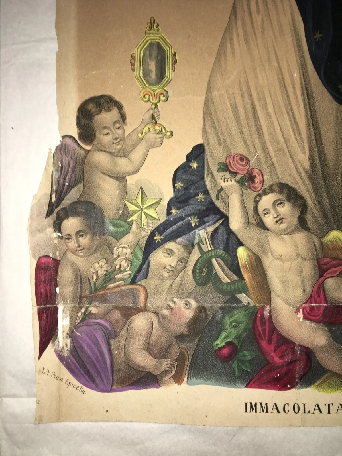 Antica Stampa Popolare Devozionale Madonna Immacolata Litografia Colorata Napoli