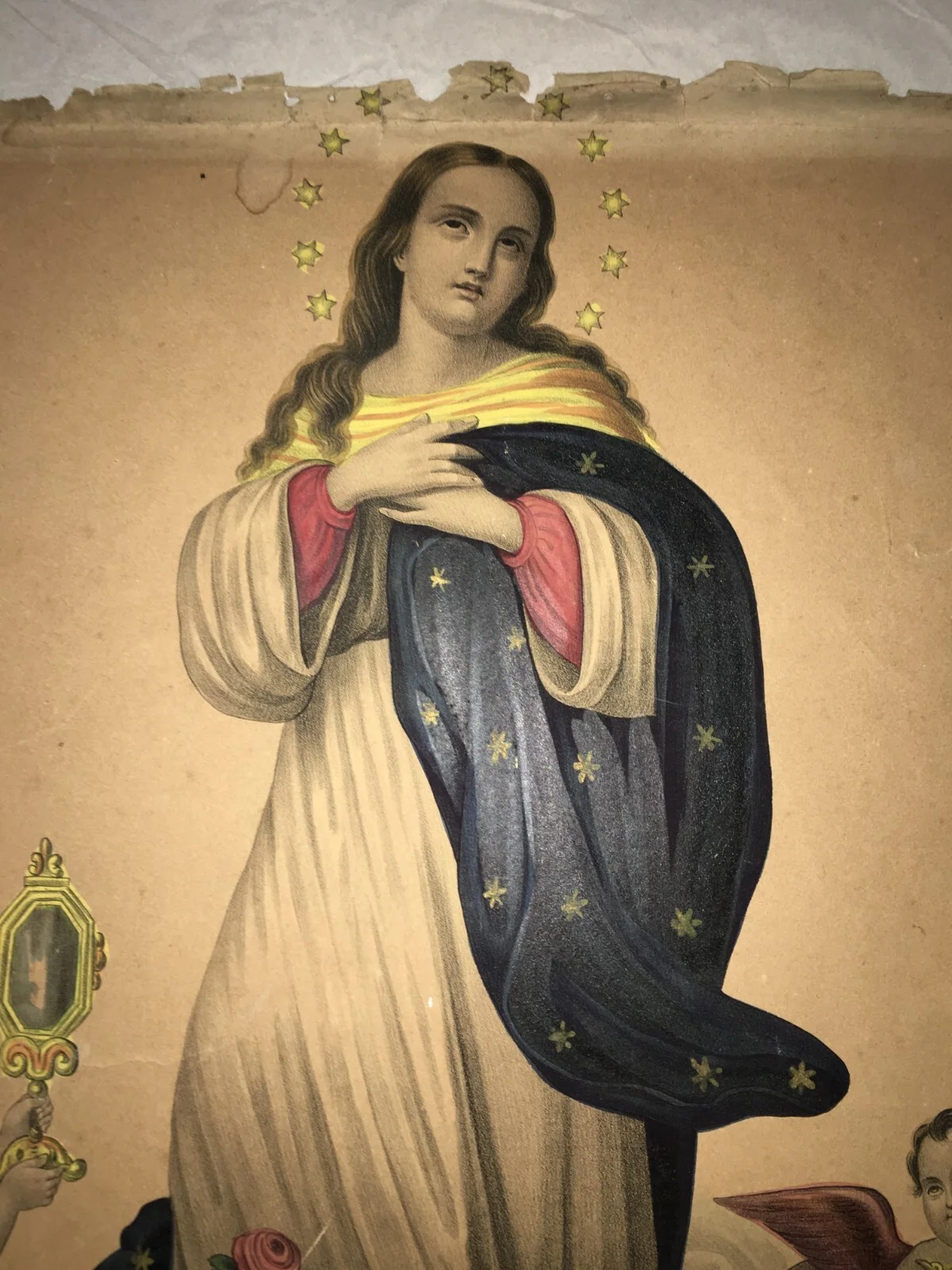 Antica Stampa Popolare Devozionale Madonna Immacolata Litografia Colorata Napoli