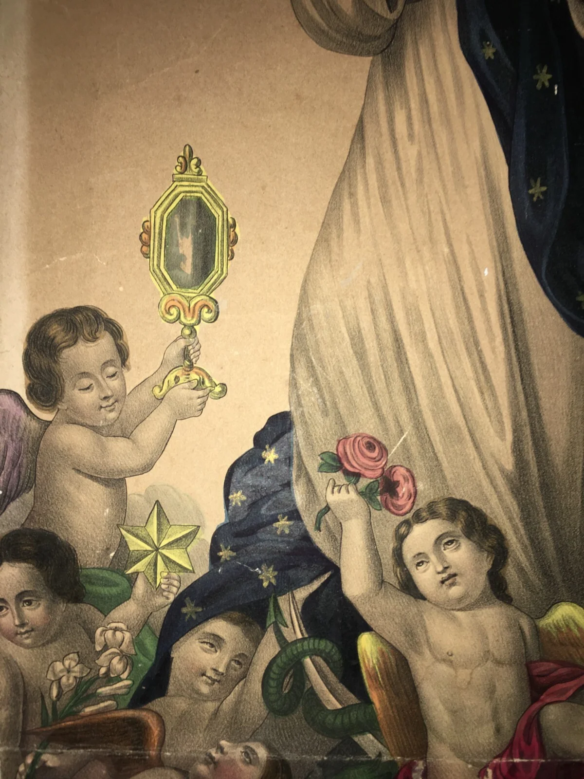 Antica Stampa Popolare Devozionale Madonna Immacolata Litografia Colorata Napoli