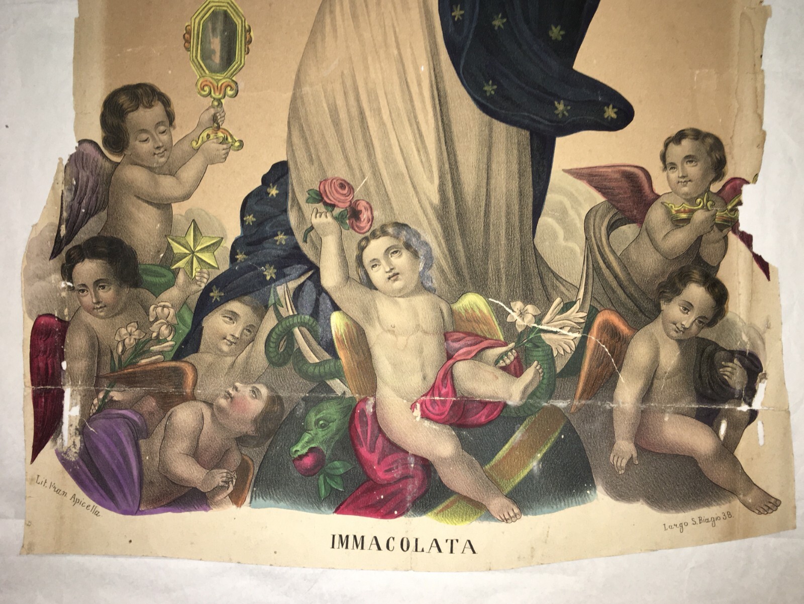 Antica Stampa Popolare Devozionale   Madonna Immacolata   Litografia Colorata   Napoli