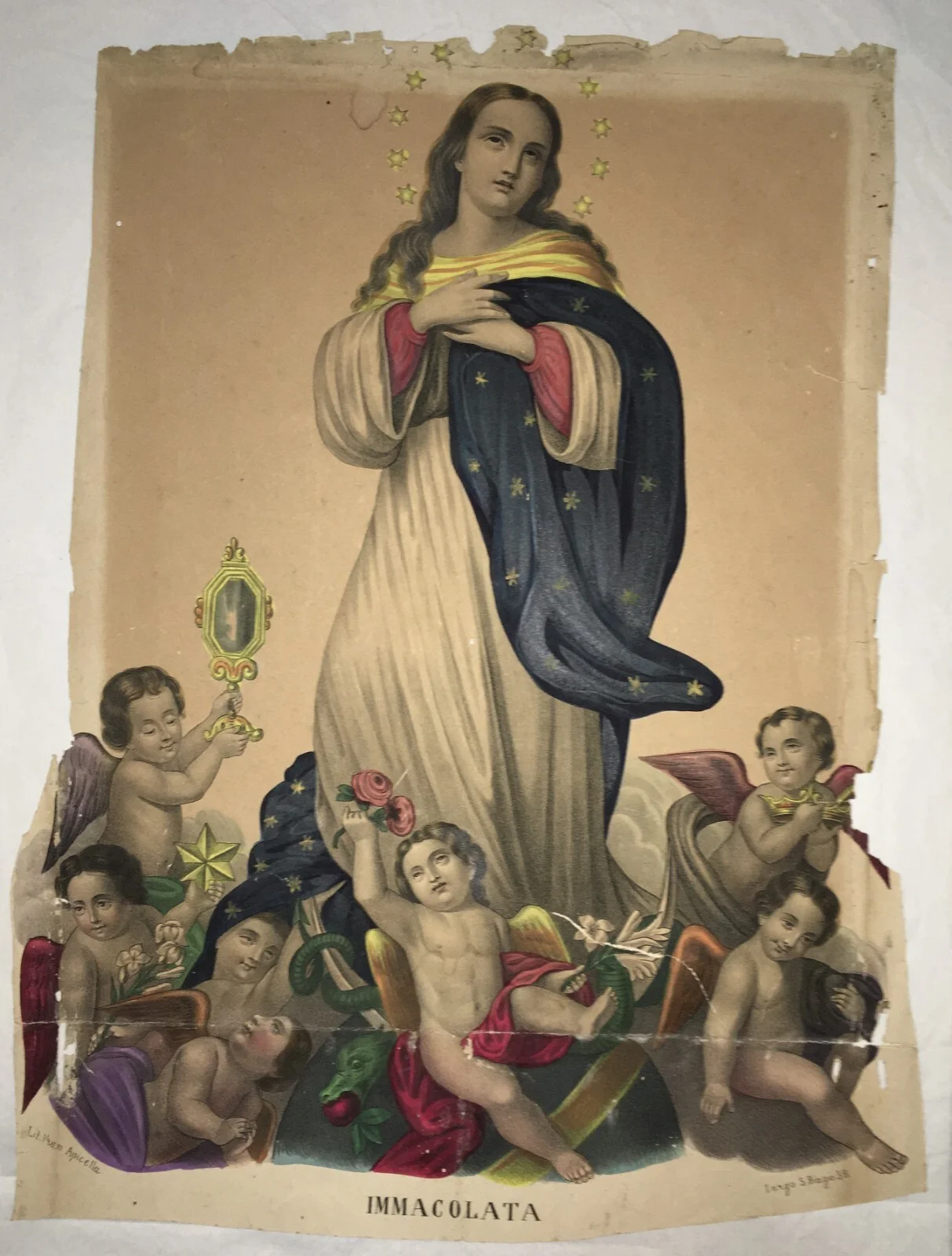 Antica Stampa Popolare Devozionale Madonna Immacolata Litografia Colorata Napoli