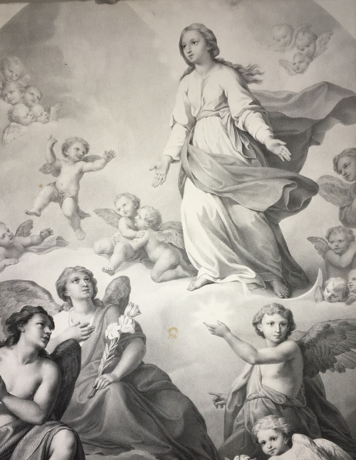 Madonna Con Angeli. Antica Stampa Popolare Devozionale (litografia, XIX Secolo)