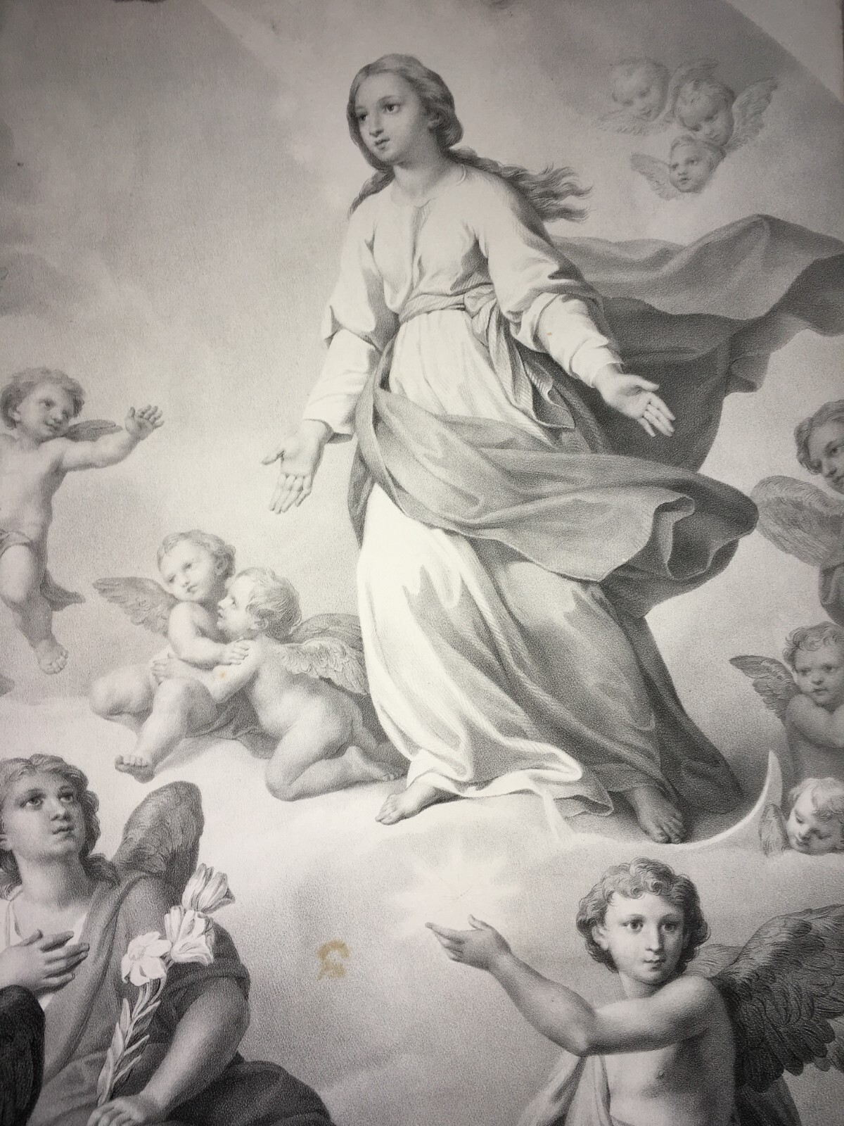Madonna Con Angeli. Antica Stampa Popolare Devozionale (litografia, XIX Secolo)
