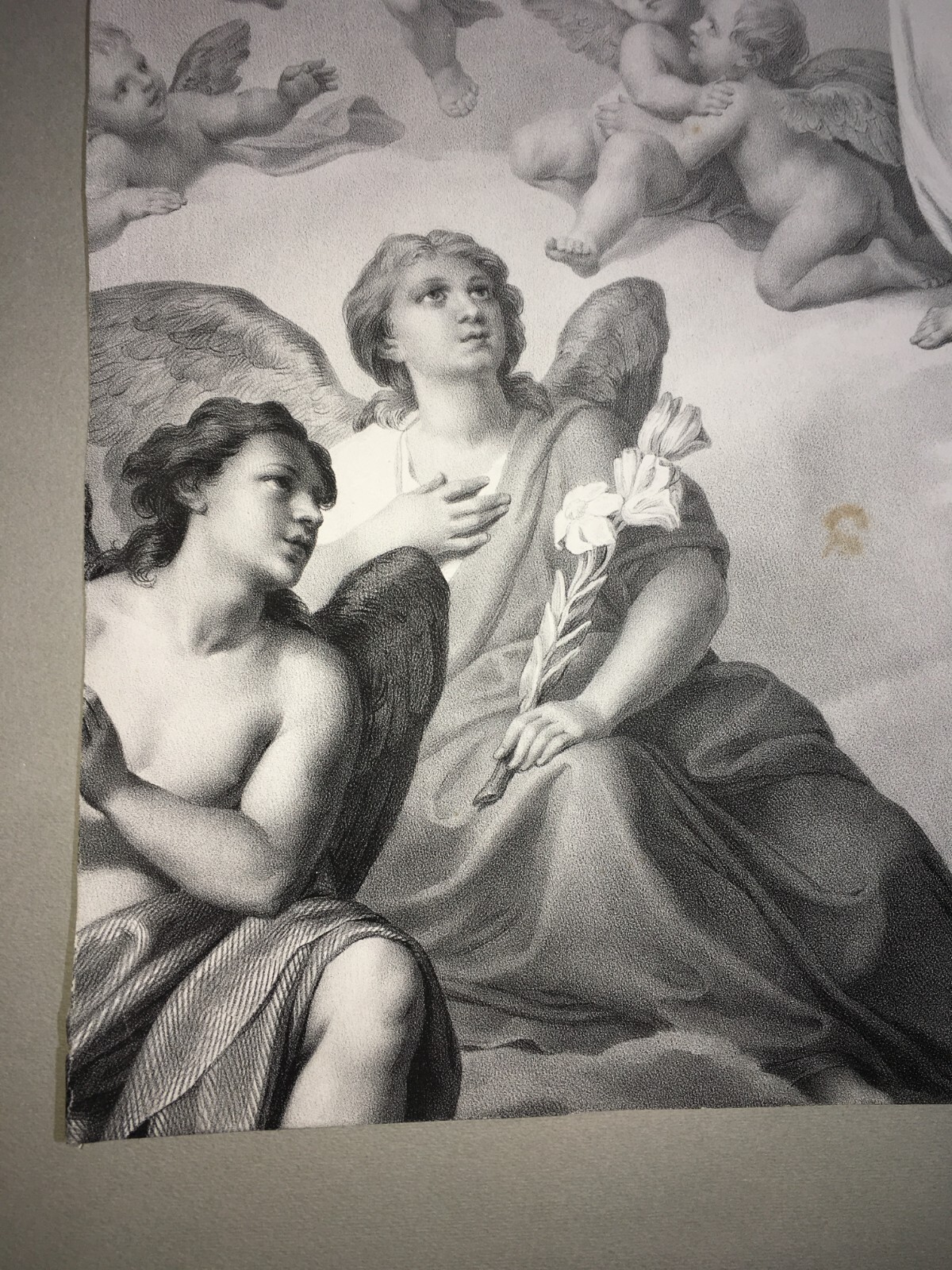 Madonna Con Angeli. Antica Stampa Popolare Devozionale (litografia, XIX Secolo)