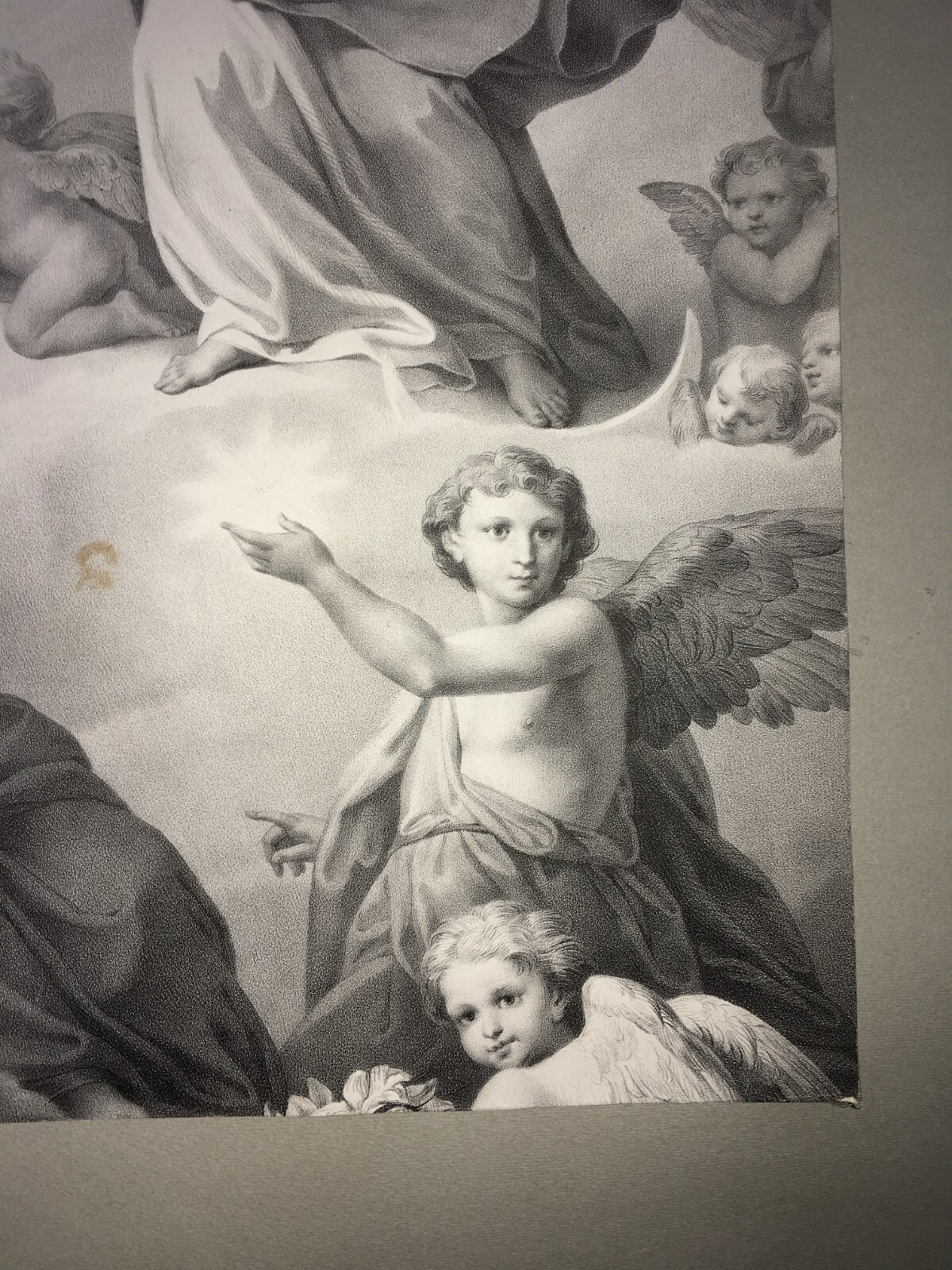 Madonna Con Angeli. Antica Stampa Popolare Devozionale (litografia, XIX Secolo)