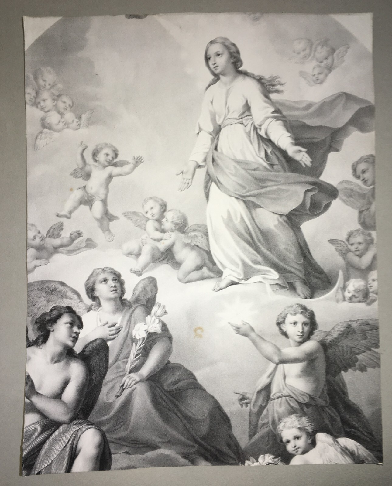 Madonna Con Angeli. Antica Stampa Popolare Devozionale (litografia, XIX Secolo)