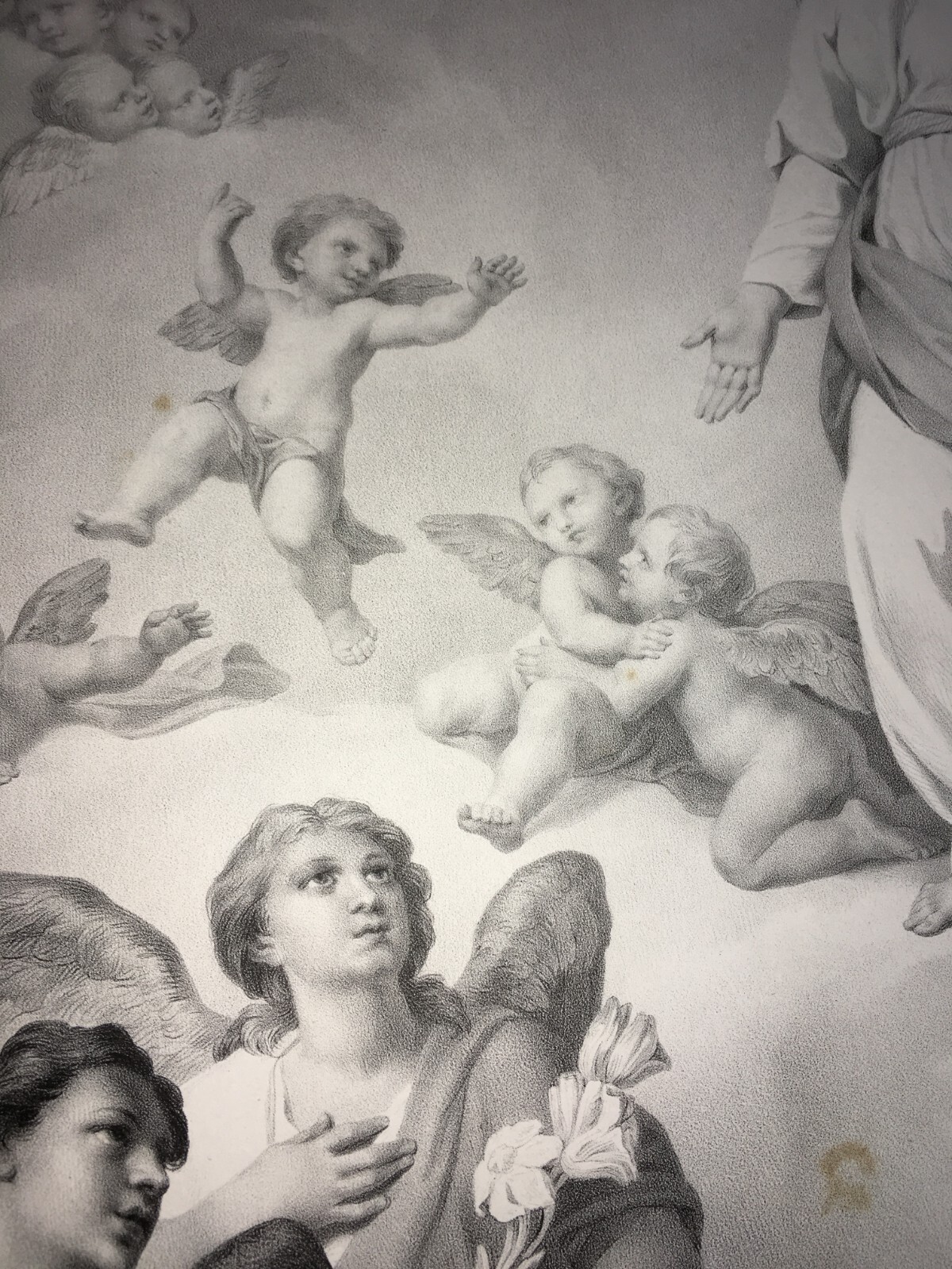 Madonna Con Angeli. Antica Stampa Popolare Devozionale (litografia, XIX Secolo)