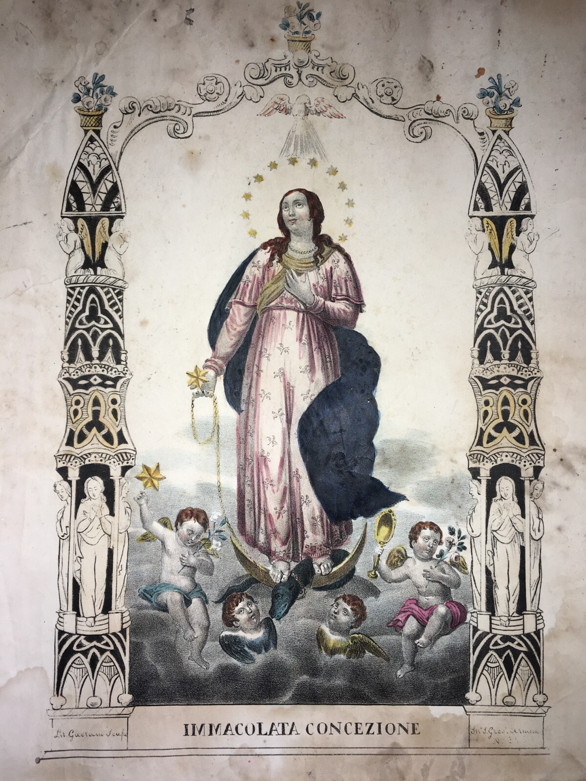 Antica Stampa Popolare Devozionale   Madonna Dell'Immacolata   Litografia Colorata