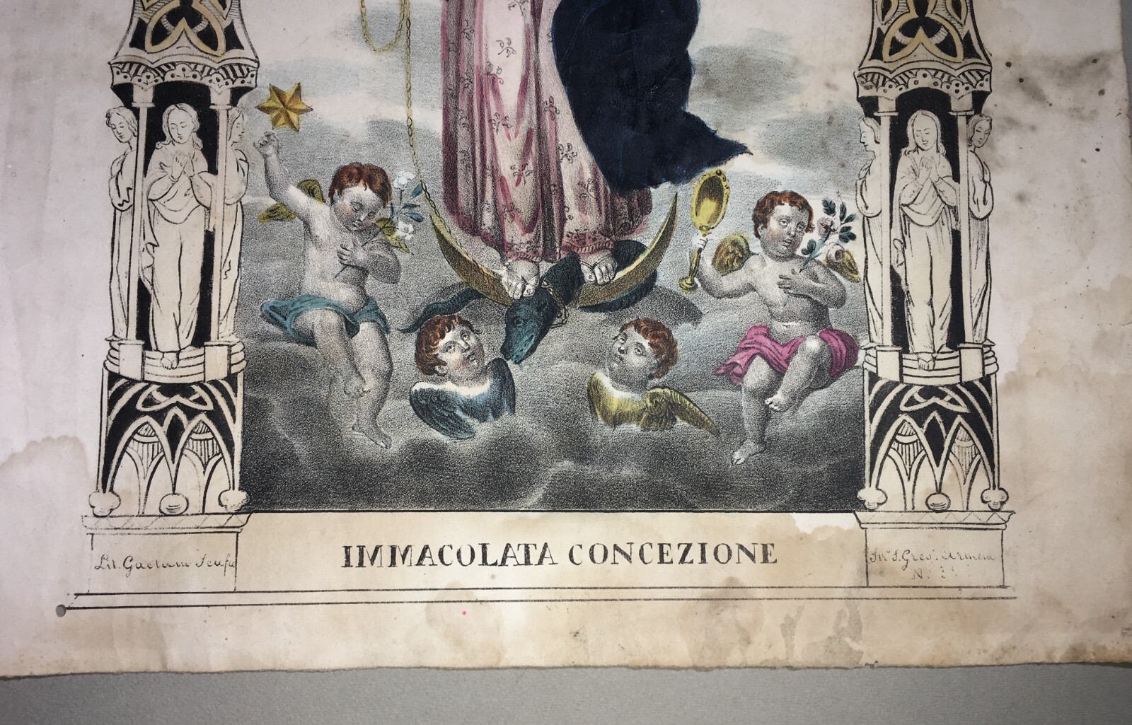 Antica Stampa Popolare Devozionale   Madonna Dell'Immacolata   Litografia Colorata