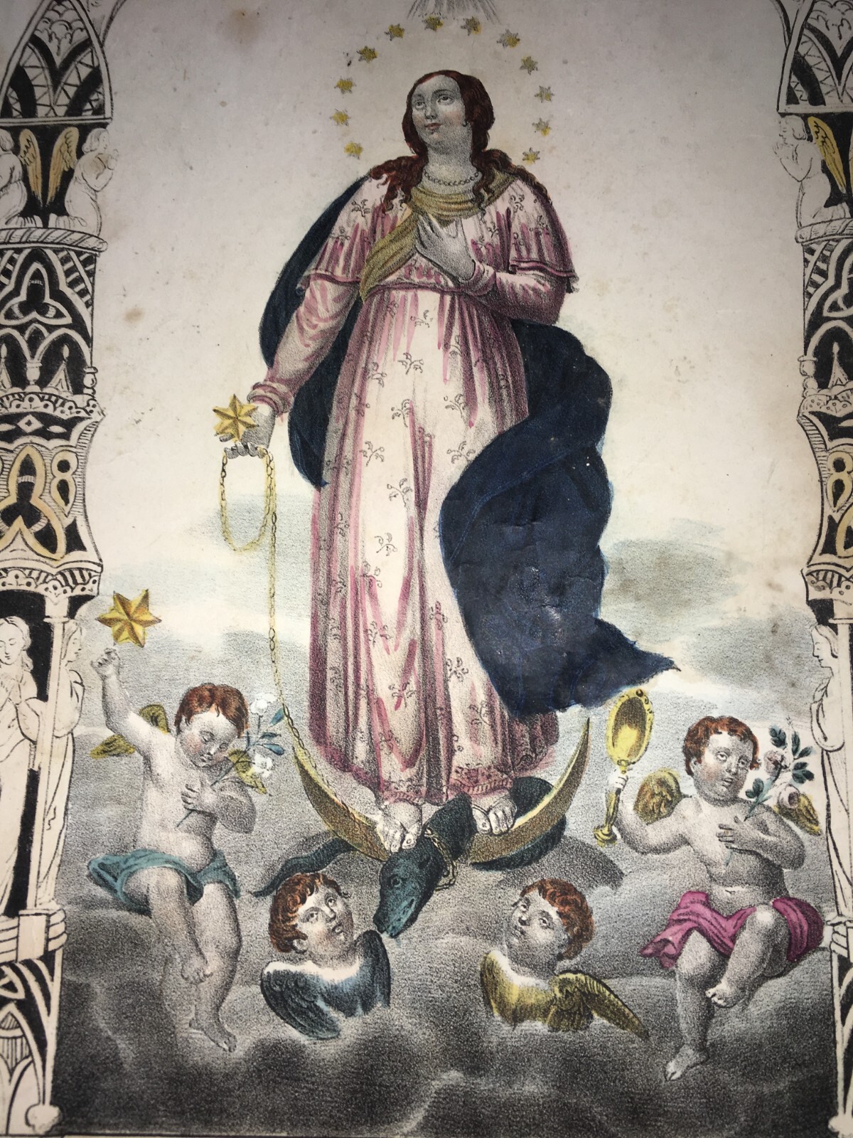 Antica Stampa Popolare Devozionale   Madonna Dell'Immacolata   Litografia Colorata