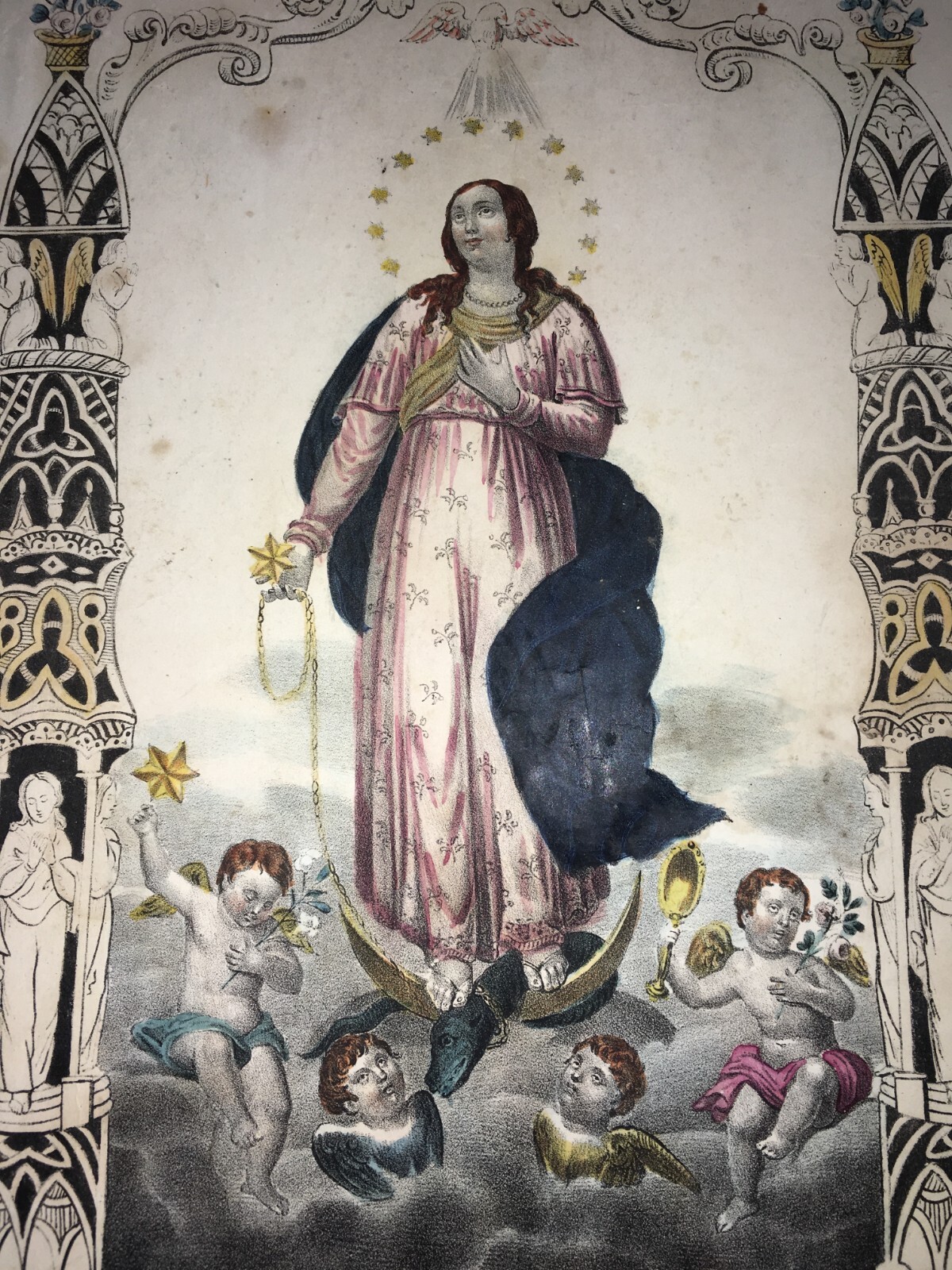 Antica Stampa Popolare Devozionale   Madonna Dell'Immacolata   Litografia Colorata