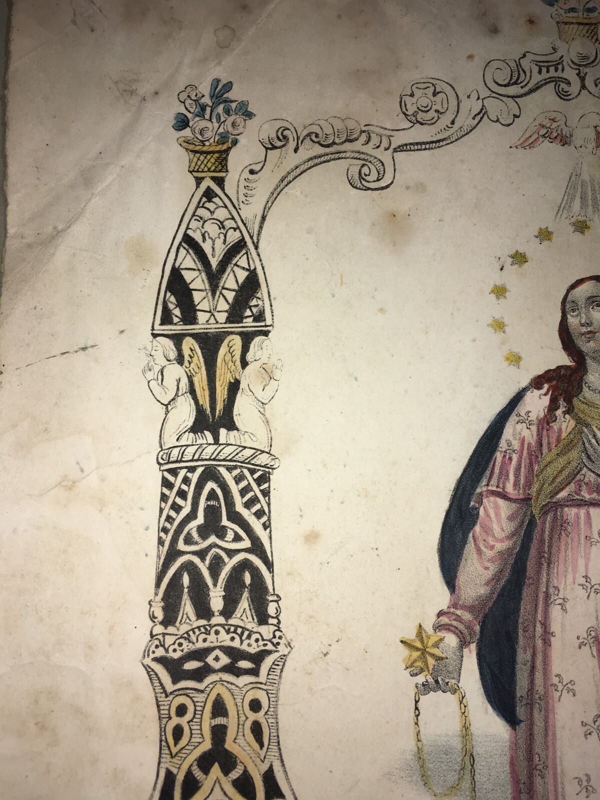 Antica Stampa Popolare Devozionale   Madonna Dell'Immacolata   Litografia Colorata