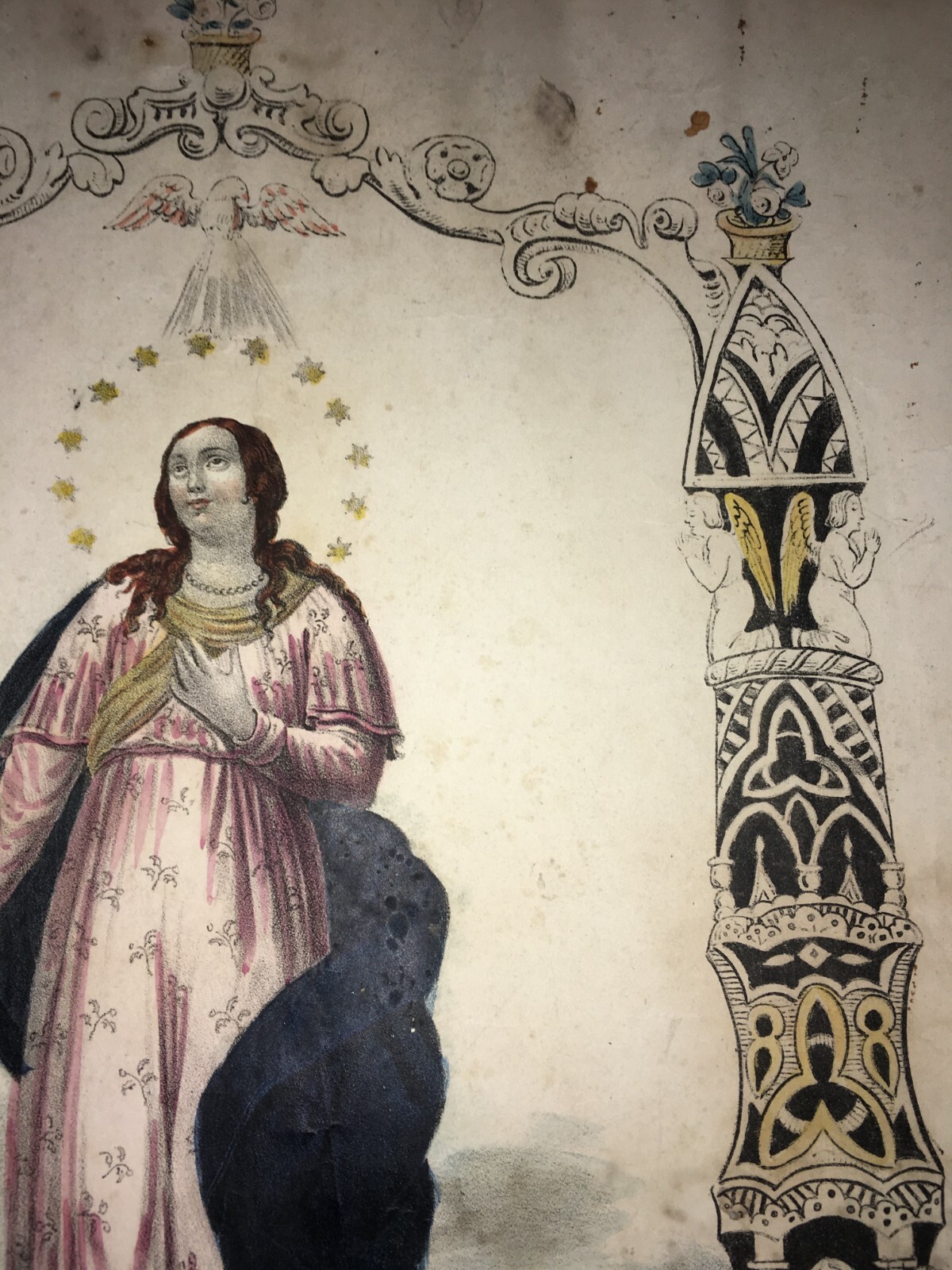 Antica Stampa Popolare Devozionale   Madonna Dell'Immacolata   Litografia Colorata