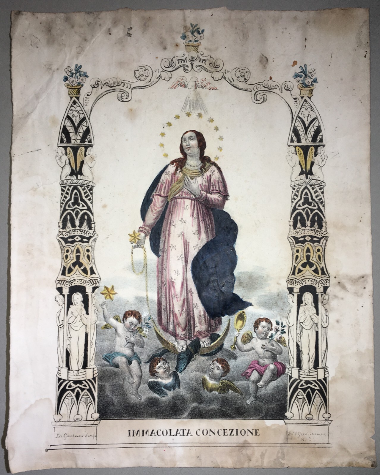 Antica Stampa Popolare Devozionale   Madonna Dell'Immacolata   Litografia Colorata
