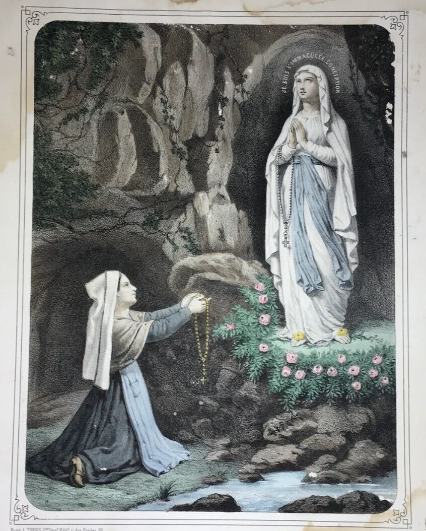 Antique Popular Devotional Print, Immaculate Conception, Our Lady of Lourdes, 19th Century
