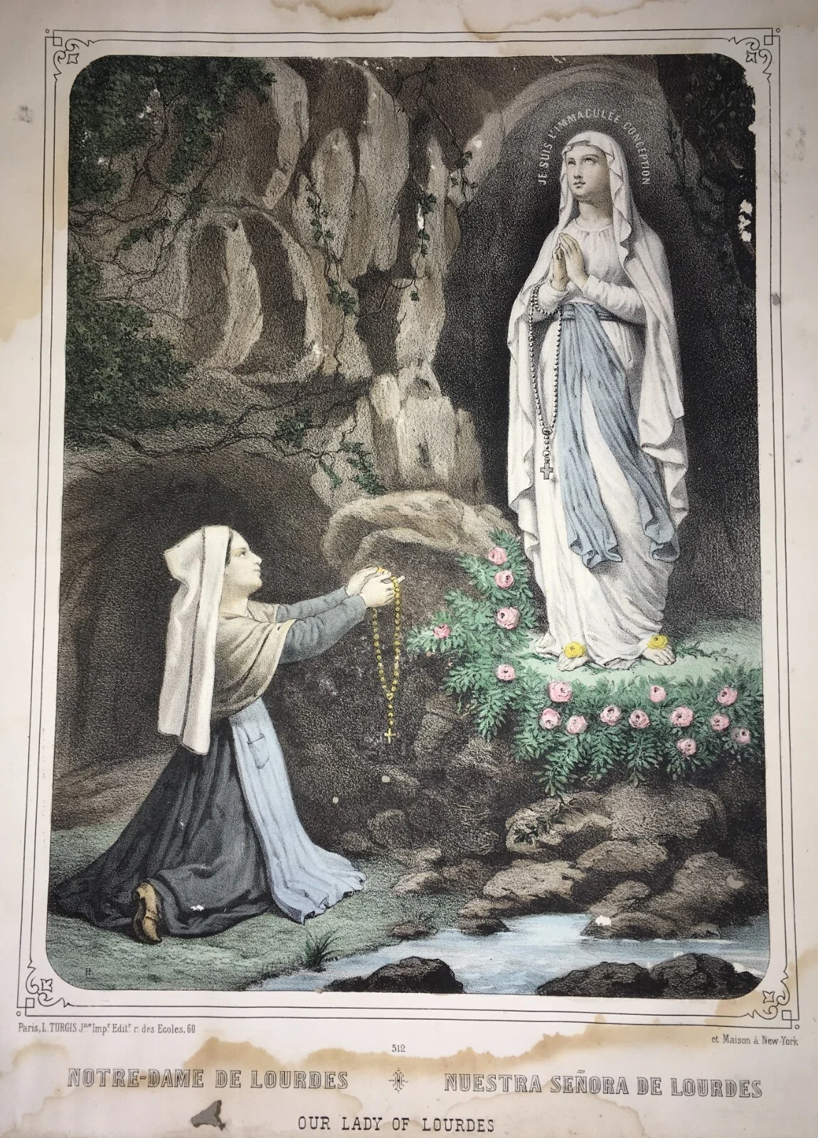 Antique Popular Devotional Print, Immaculate Conception, Our Lady of Lourdes, 19th Century