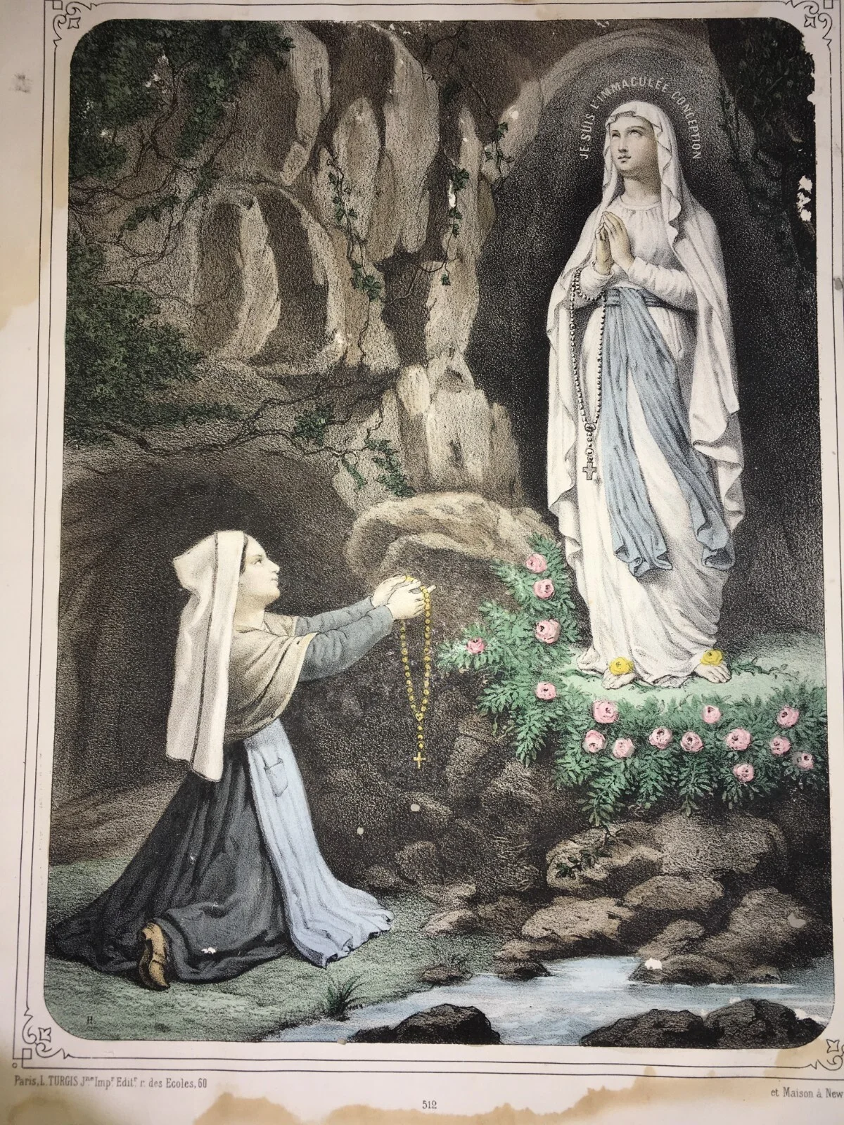 Antique Popular Devotional Print, Immaculate Conception, Our Lady of Lourdes, 19th Century