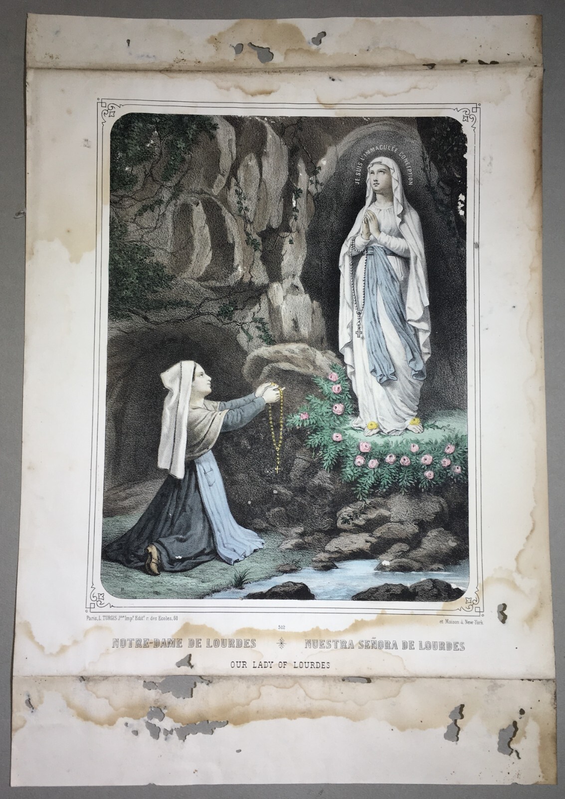 Antica Stampa Popolare Devozionale Immacolata Concezione Madonna Di Lourdes XIX Secolo