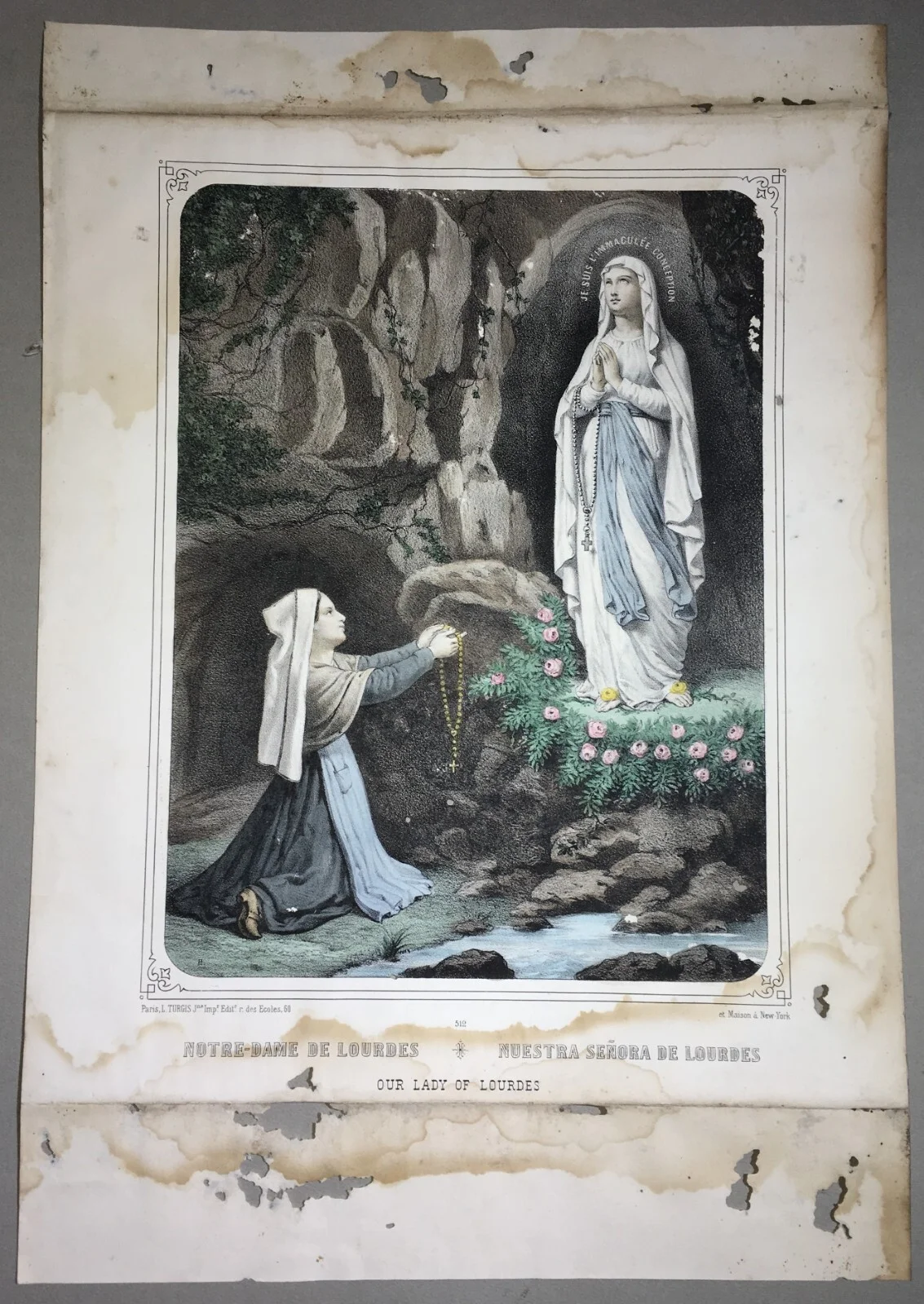 Antique Popular Devotional Print, Immaculate Conception, Our Lady of Lourdes, 19th Century