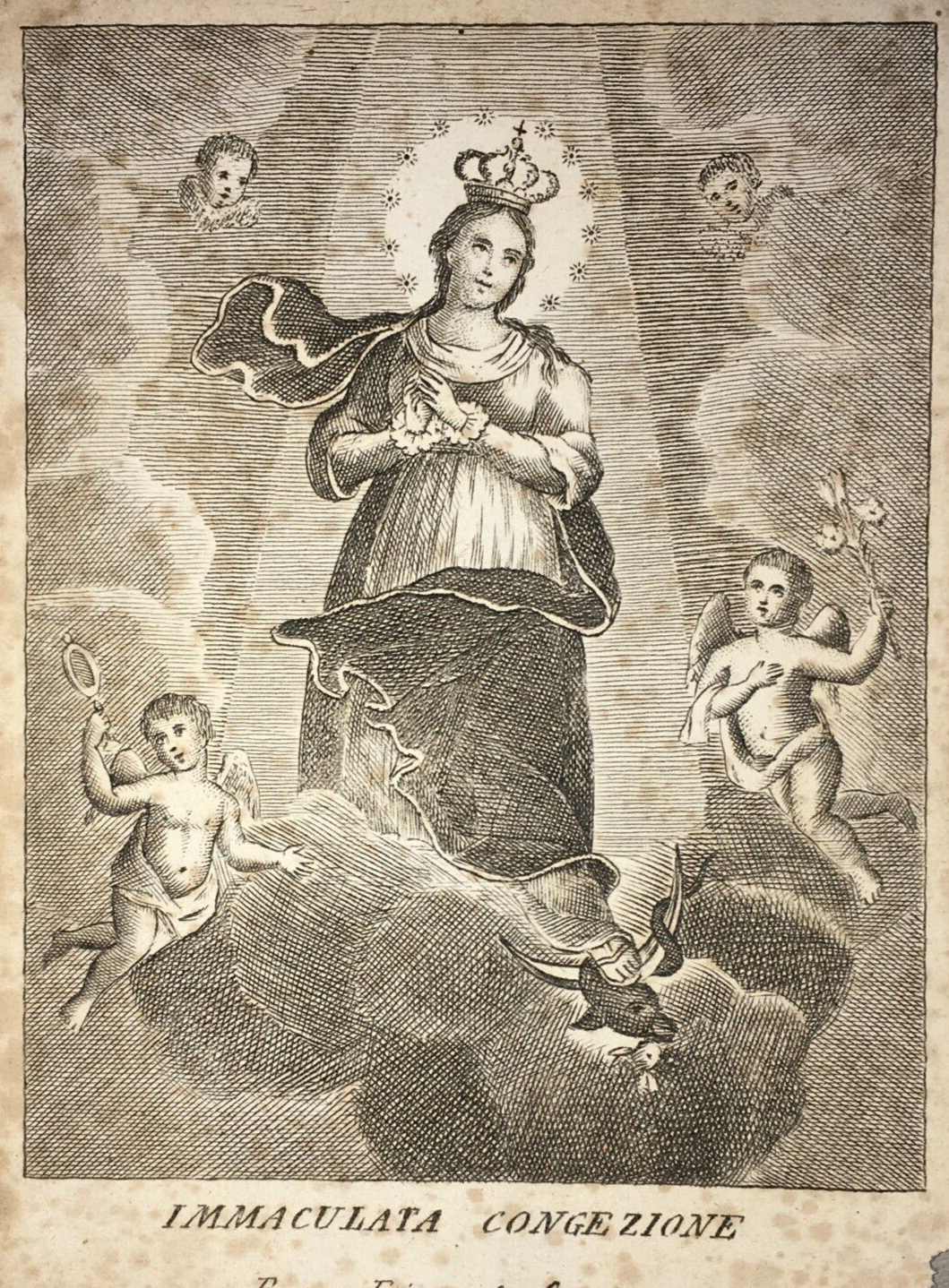 Antica Stampa Popolare Devozionale: Madonna Immacolata. Incisione Di Francesco Scafa