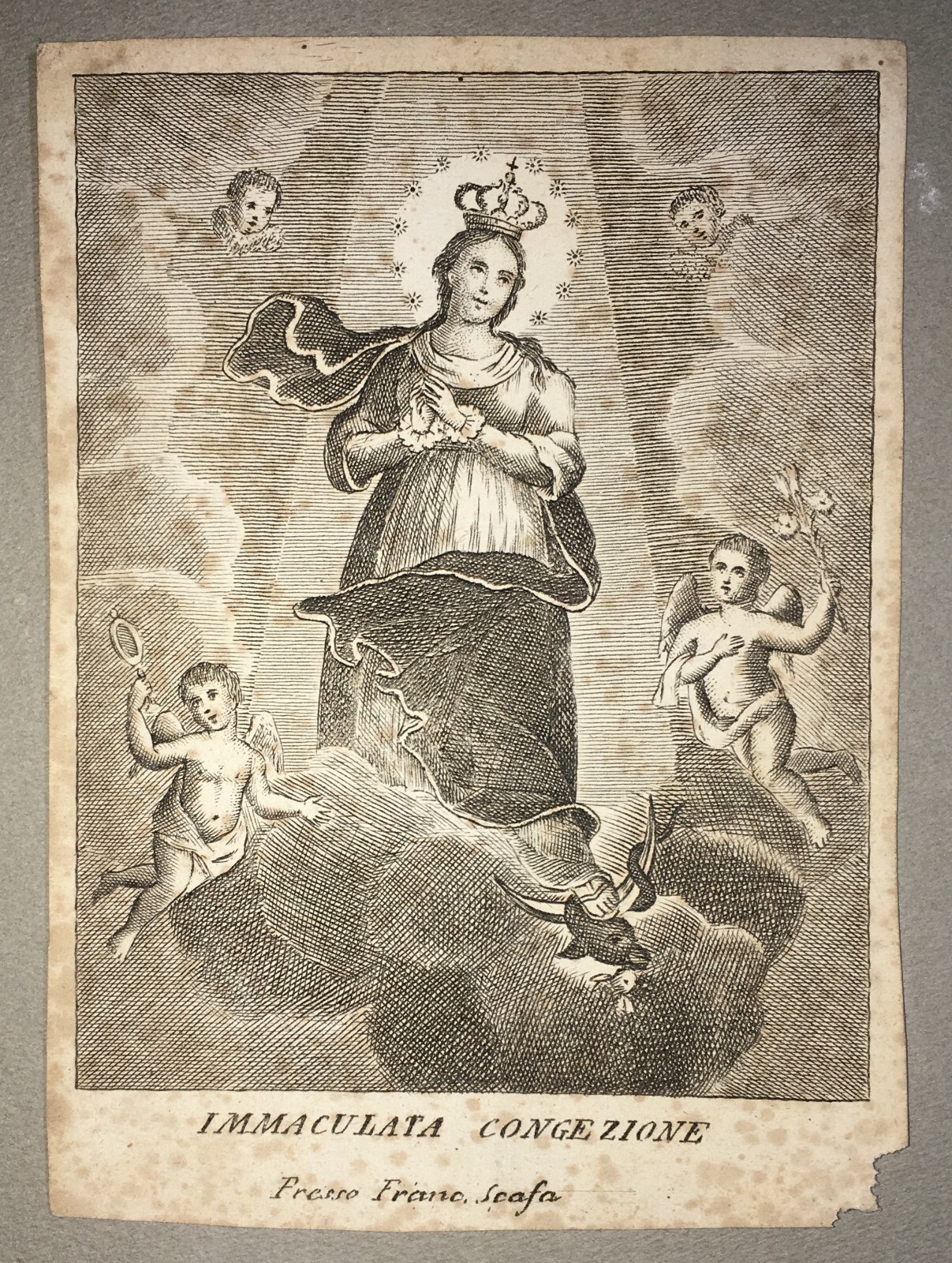 Antica Stampa Popolare Devozionale: Madonna Immacolata. Incisione Di Francesco Scafa