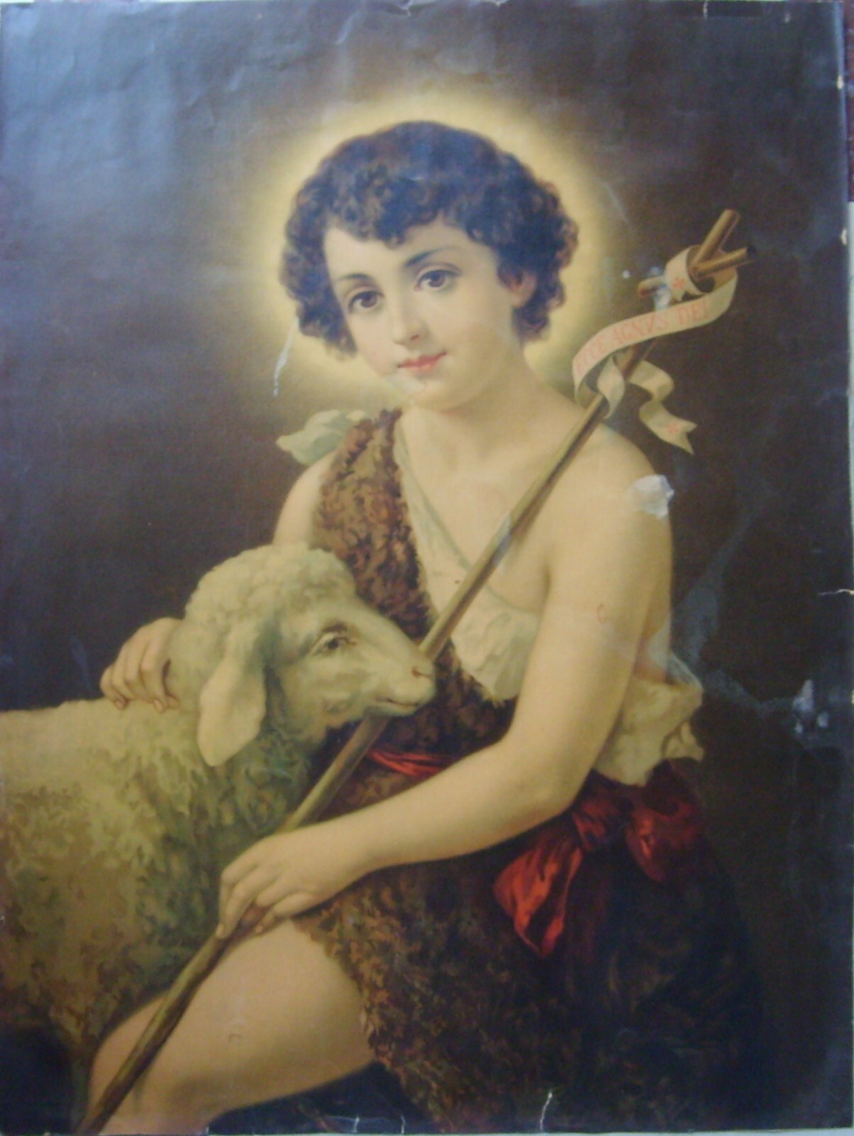 Antica Stampa Devozionale: San Giovannino Con L'Agnello (grande Cromolitografia)