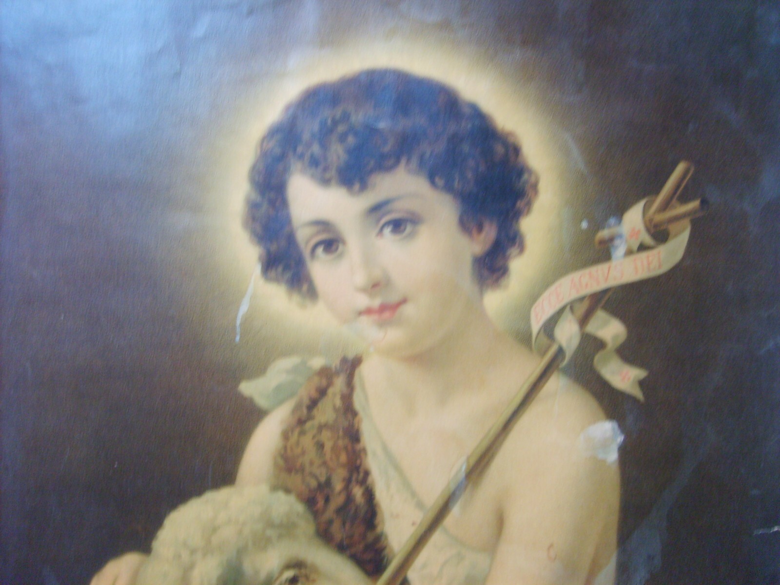 Antica Stampa Devozionale: San Giovannino Con L'Agnello (grande Cromolitografia)