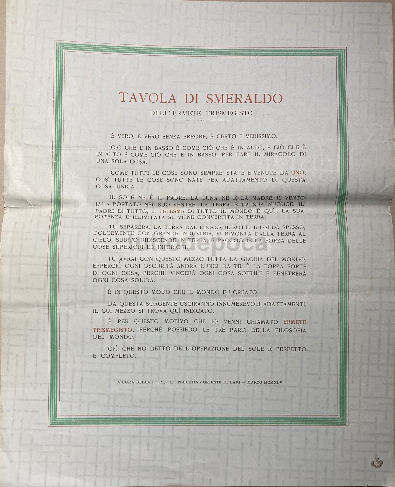 Puglia: Oriente Di Bari, Massoneria. Loggia Peucetia, Raro Foglio Volante, 1945