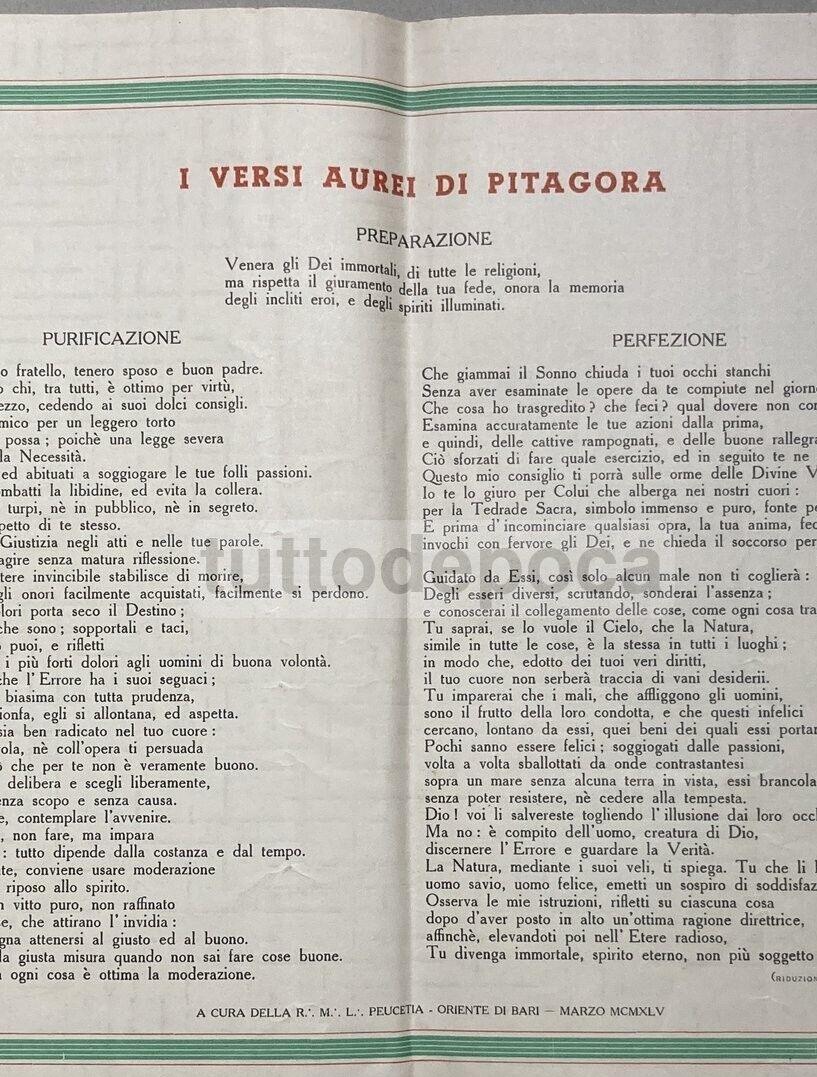 Puglia, Oriente Di Bari, Massoneria, Loggia Peucetia, Pitagora, Ermetismo, 1945, Stampa