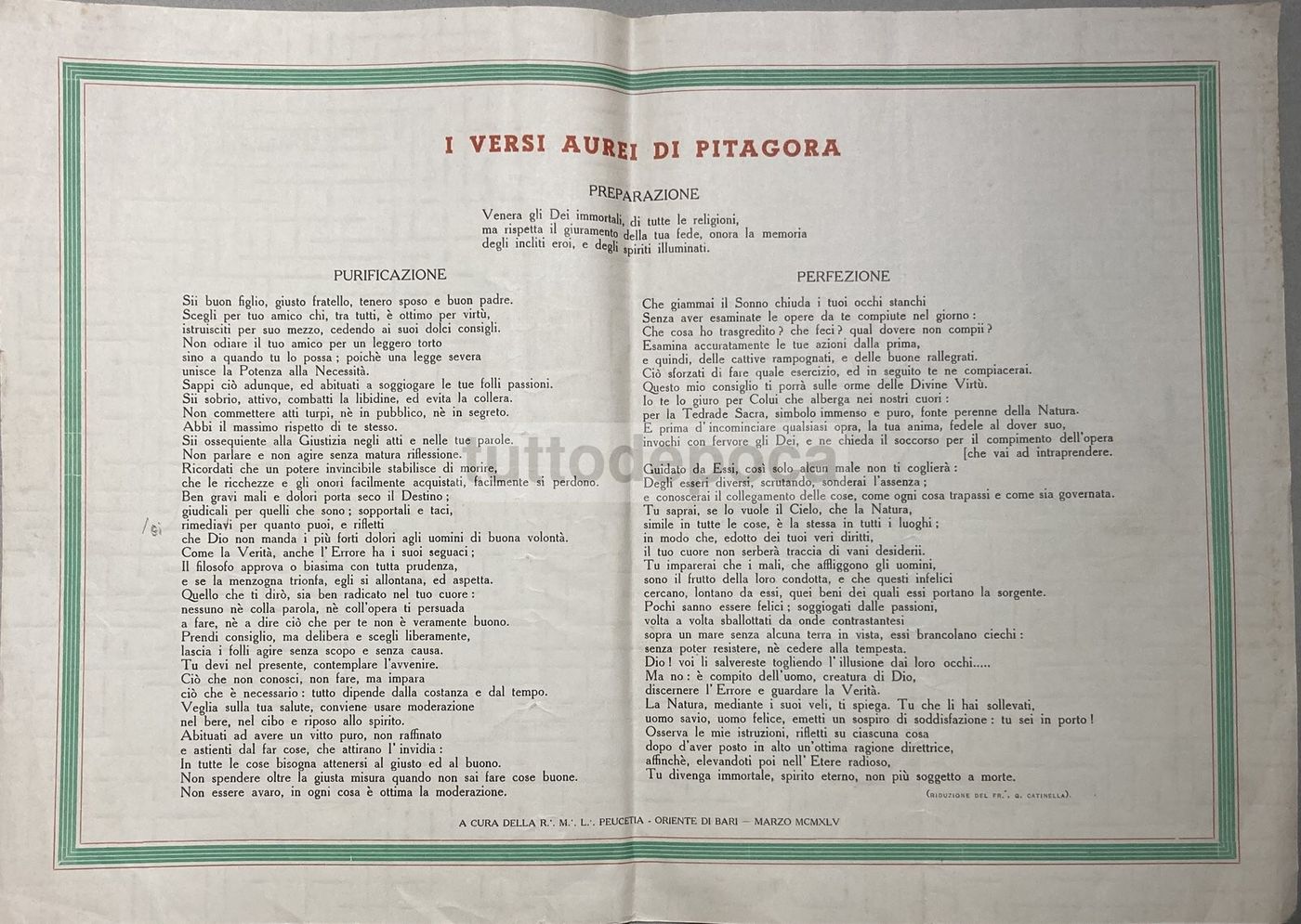 Puglia, Oriente Di Bari, Massoneria, Loggia Peucetia, Pitagora, Ermetismo, 1945, Stampa