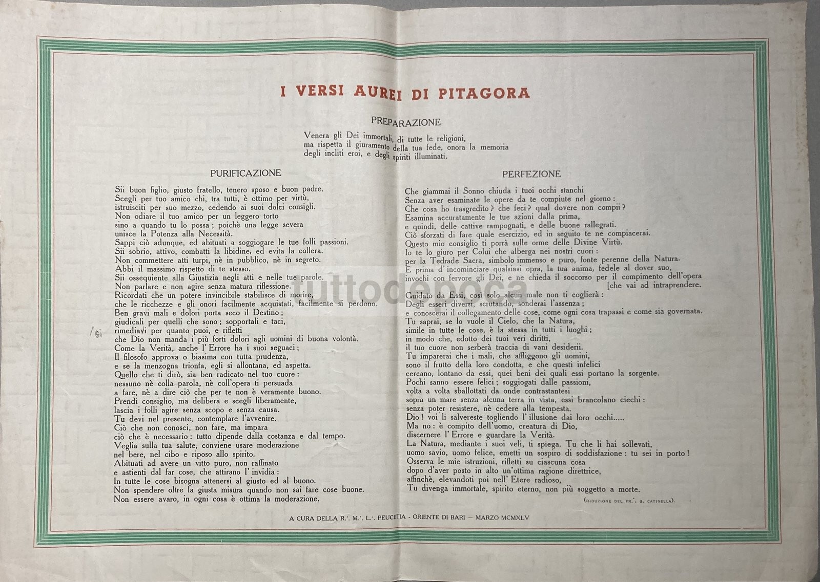 Puglia, Oriente Di Bari, Massoneria, Loggia Peucetia, Pitagora, Ermetismo, 1945, Stampa