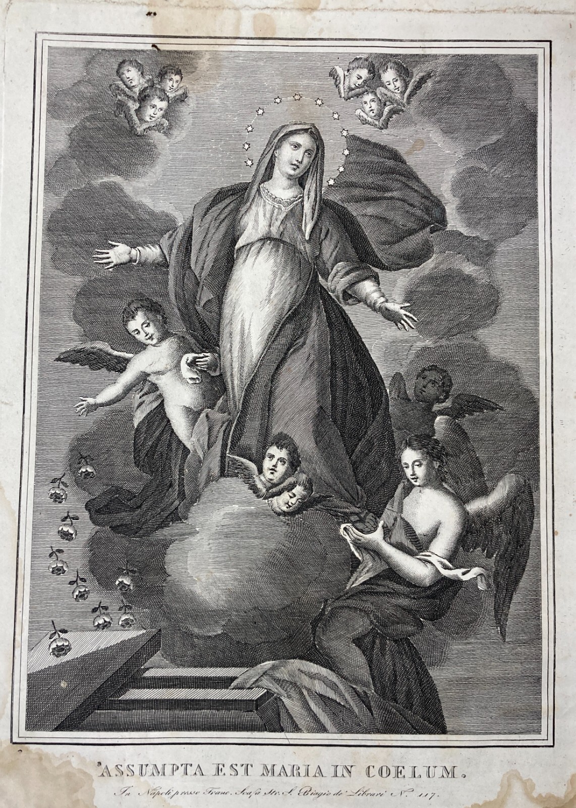 Arte Popolare Devozionale: Assunzione Della Madonna. Incisione Antica Di Francesco Scafa