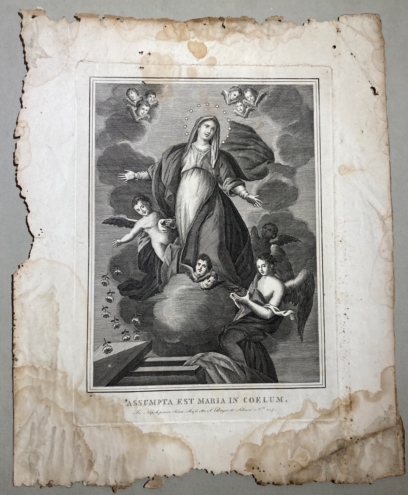 Arte Popolare Devozionale: Assunzione Della Madonna. Incisione Antica Di Francesco Scafa