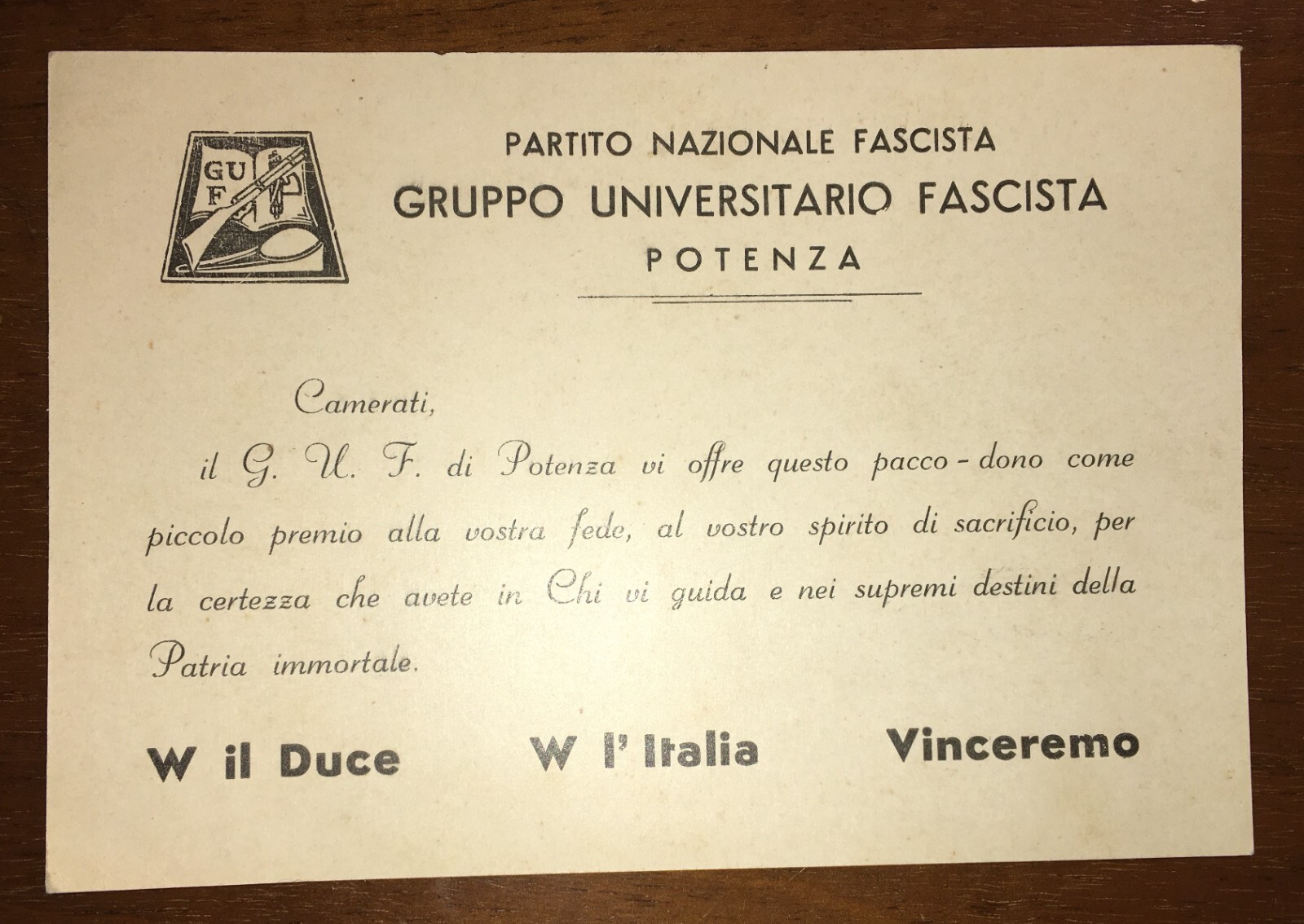 Basilicata, Potenza, Fascismo, Universitari, GUF, Pubblicitaria d'Epoca, Cartolina