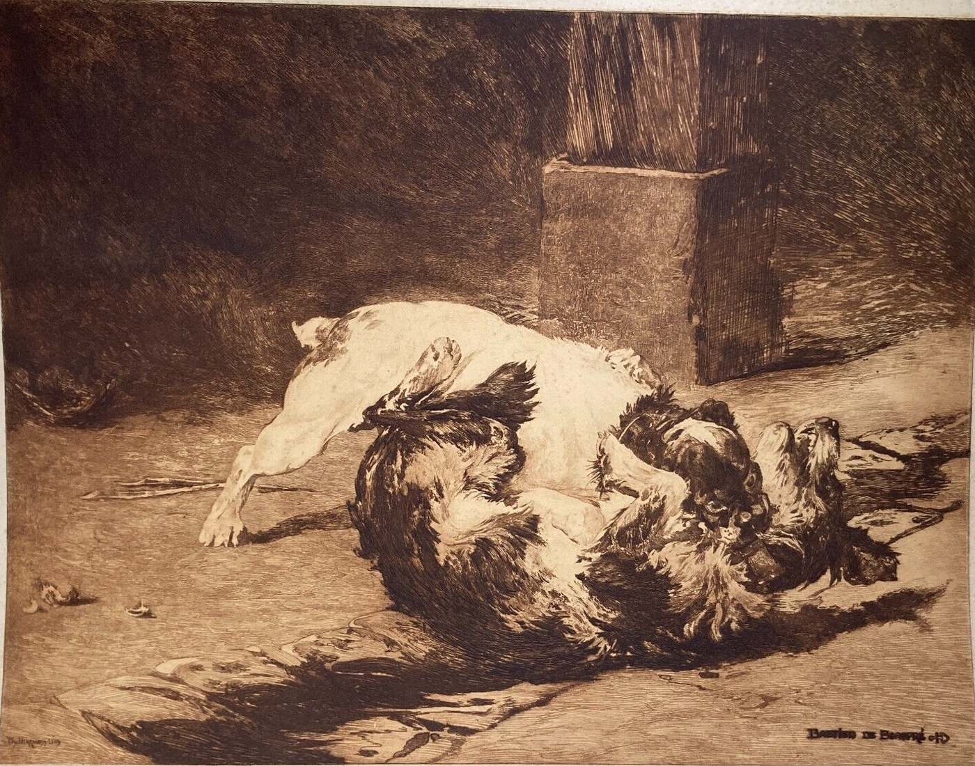 Charles Herrmann Léon   Bastien De Beaupré: Grande Incisione "Lotta Tra Cani"
