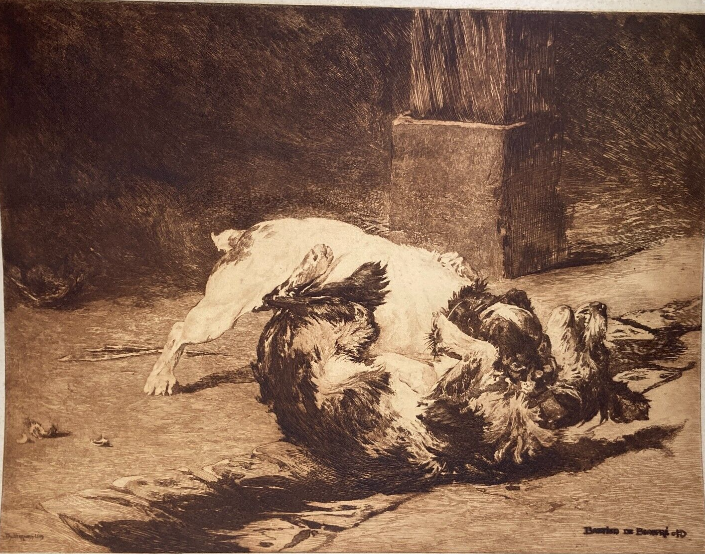 Charles Herrmann Léon   Bastien De Beaupré: Grande Incisione "Lotta Tra Cani"