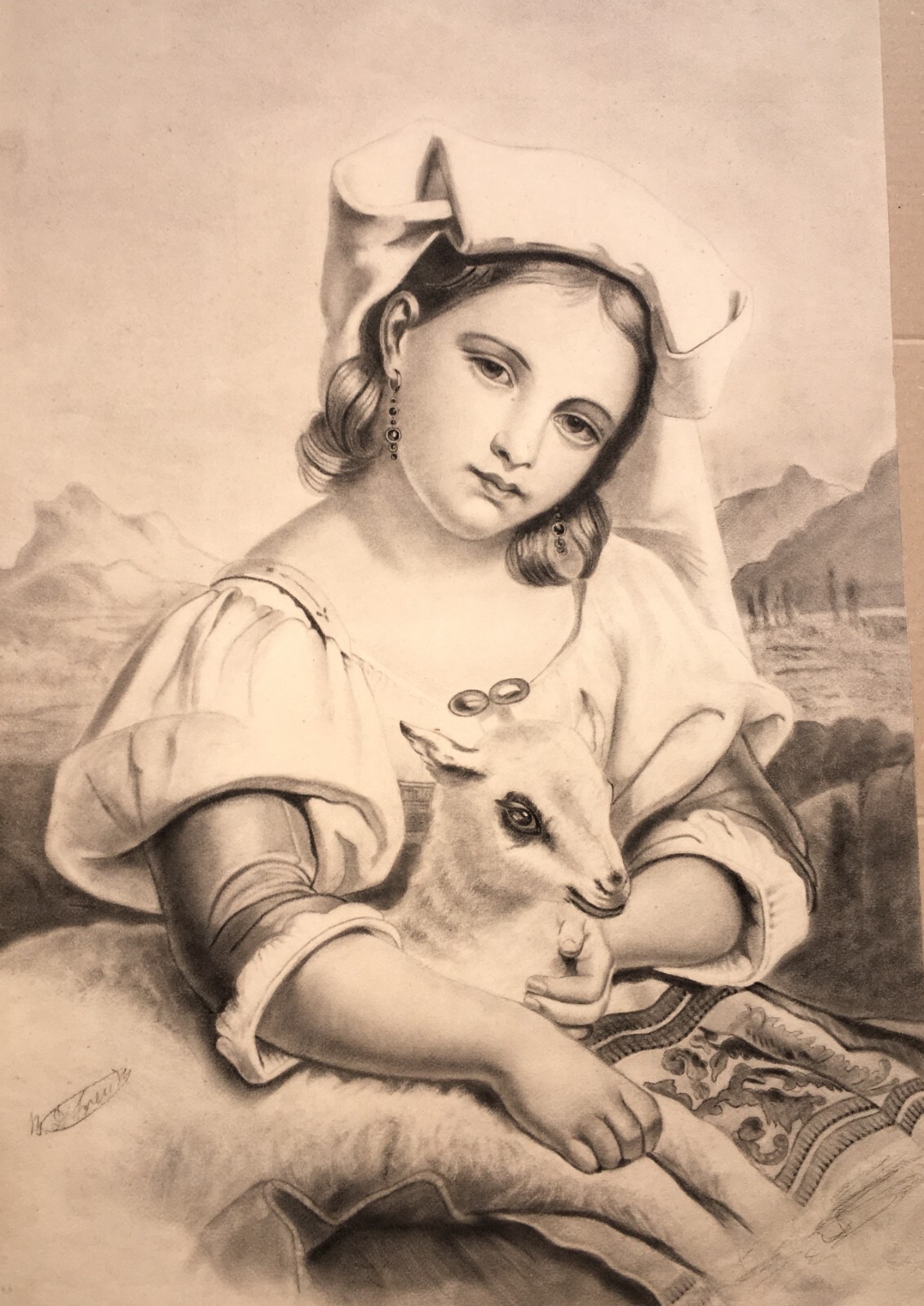 Pastorella Con Agnello, Scena Bucolica, Disegno Tecnica Mista, Primo '900