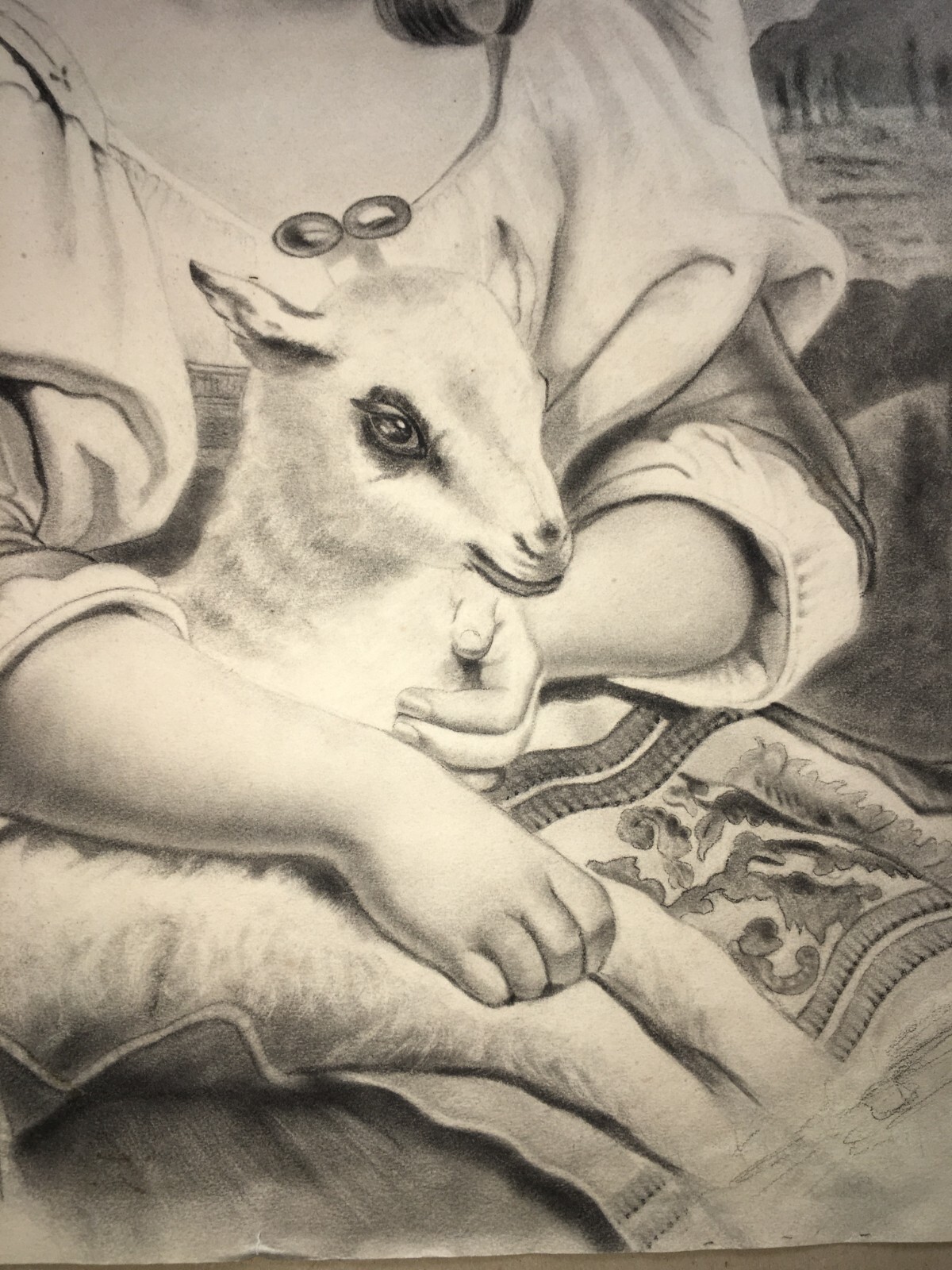 Pastorella Con Agnello, Scena Bucolica, Disegno Tecnica Mista, Primo '900