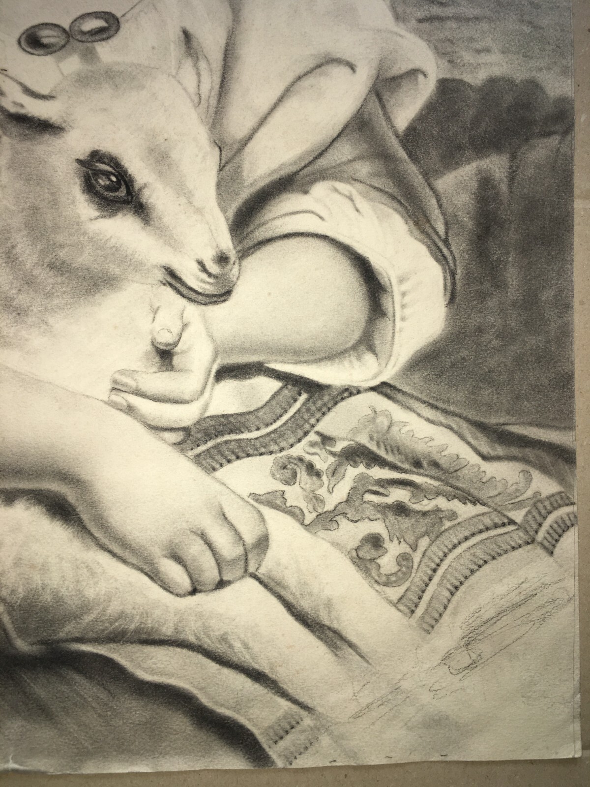 Pastorella Con Agnello, Scena Bucolica, Disegno Tecnica Mista, Primo '900