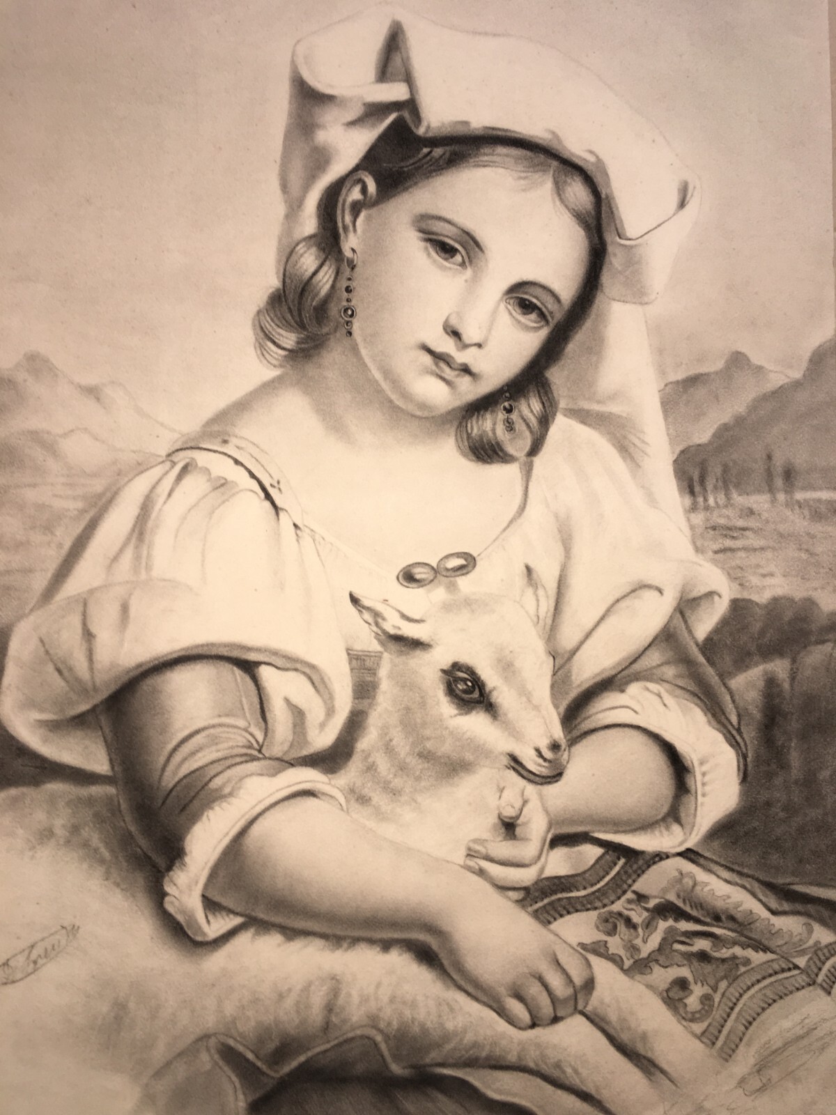 Pastorella Con Agnello, Scena Bucolica, Disegno Tecnica Mista, Primo '900