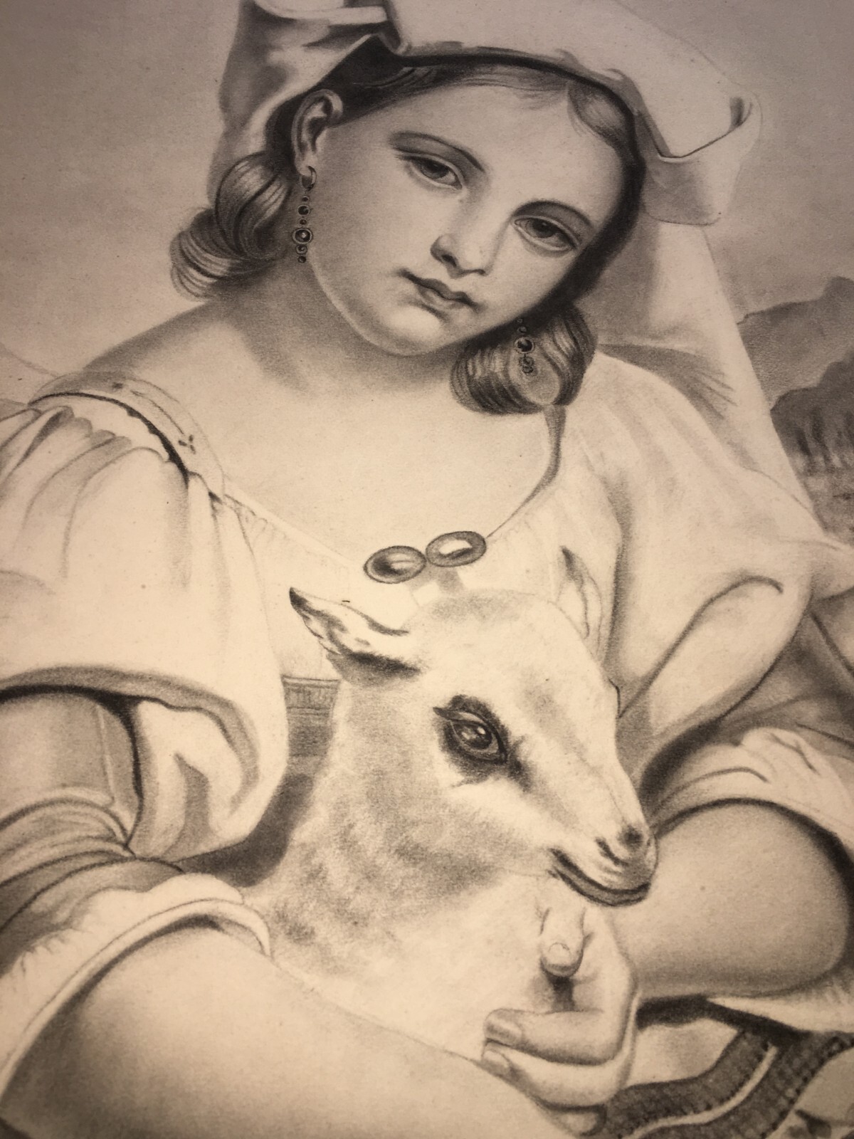 Pastorella Con Agnello, Scena Bucolica, Disegno Tecnica Mista, Primo '900