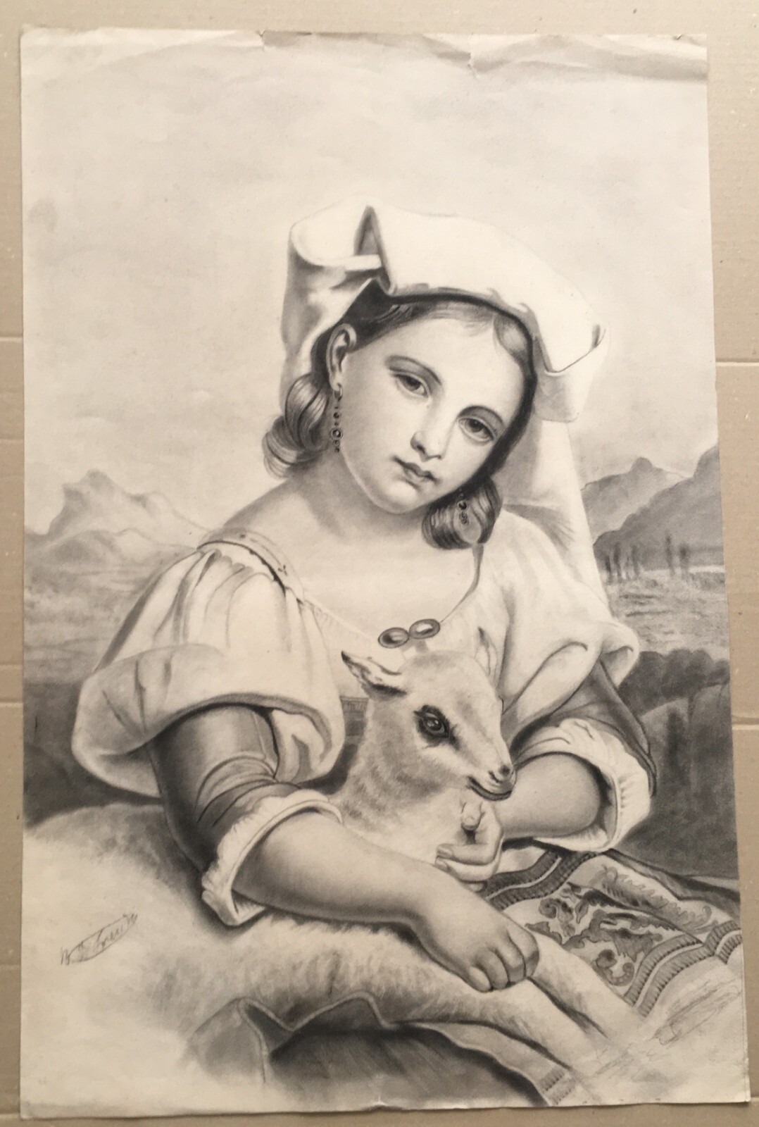 Pastorella Con Agnello, Scena Bucolica, Disegno Tecnica Mista, Primo '900