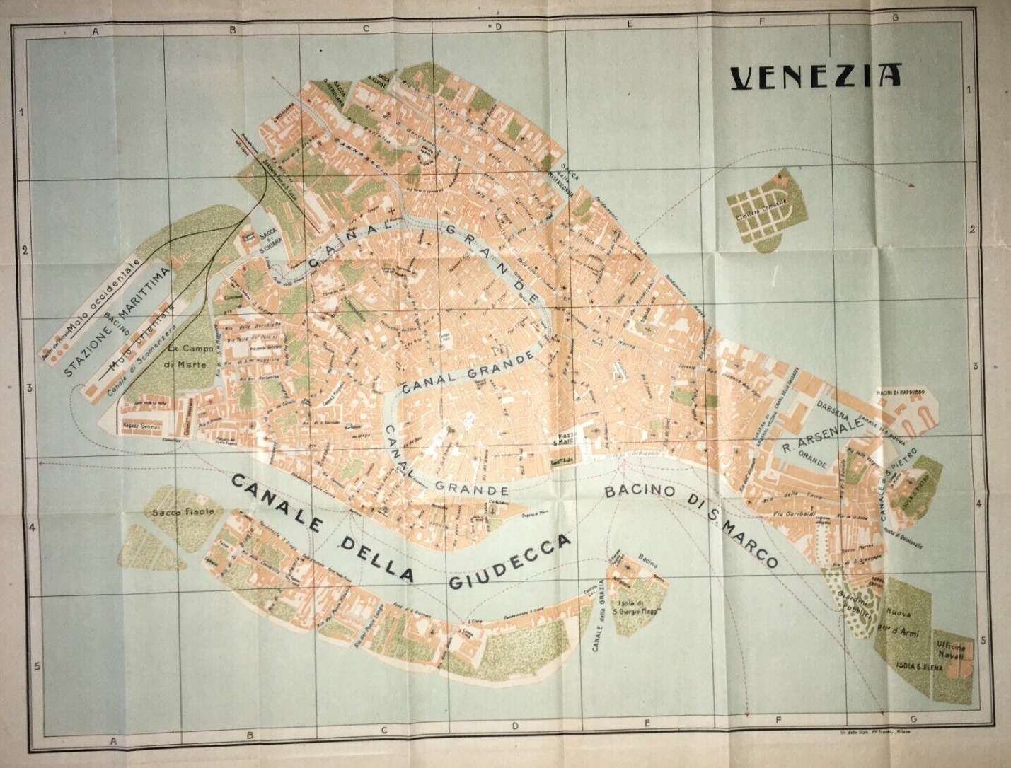 Venezia: Antica Mappa Topografica, Stradario Cittadino, Stazione Marittima E Giudecca