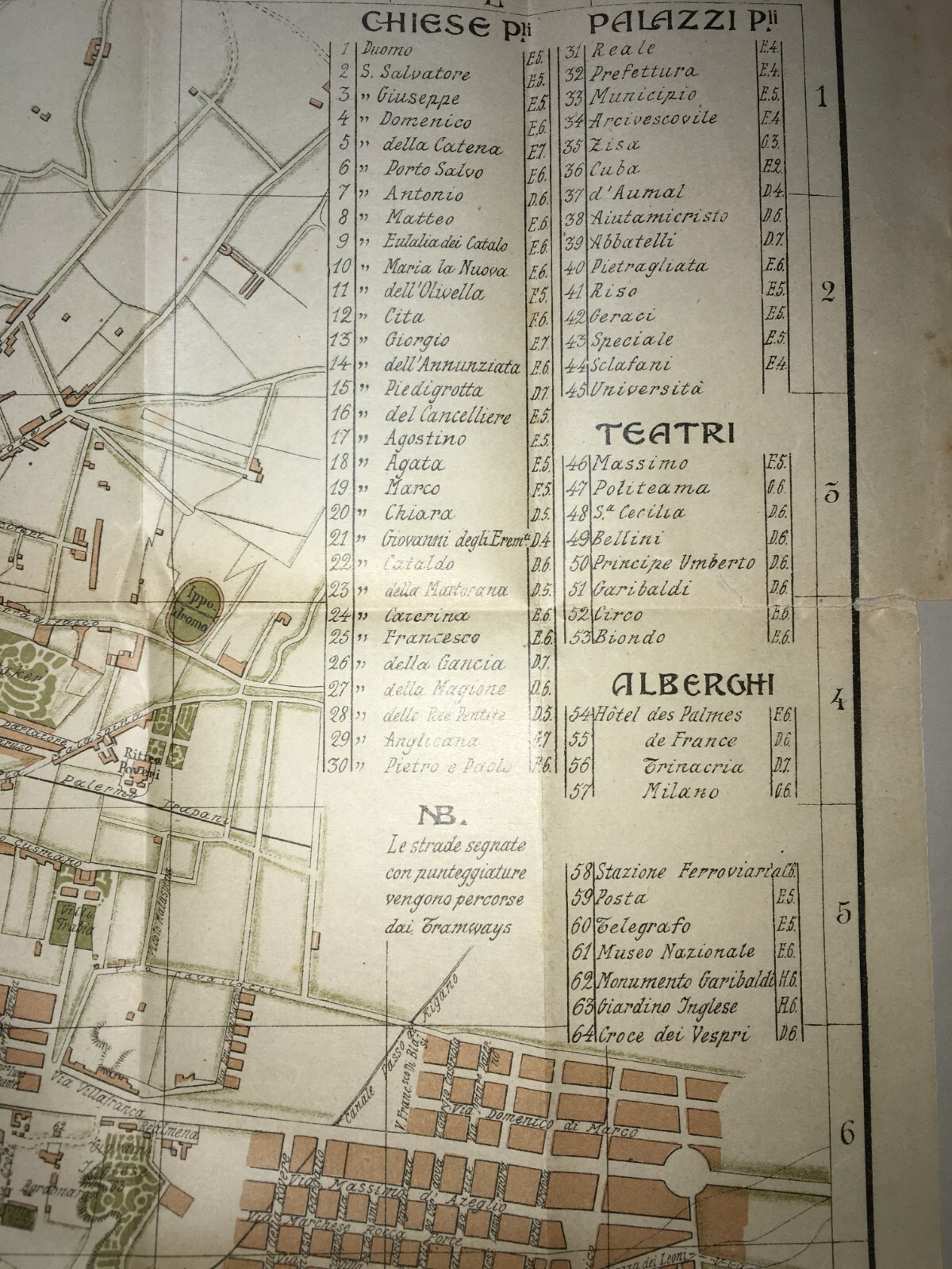 Palermo   Antica Mappa Topografica Con Stradario, Palazzi E Alberghi