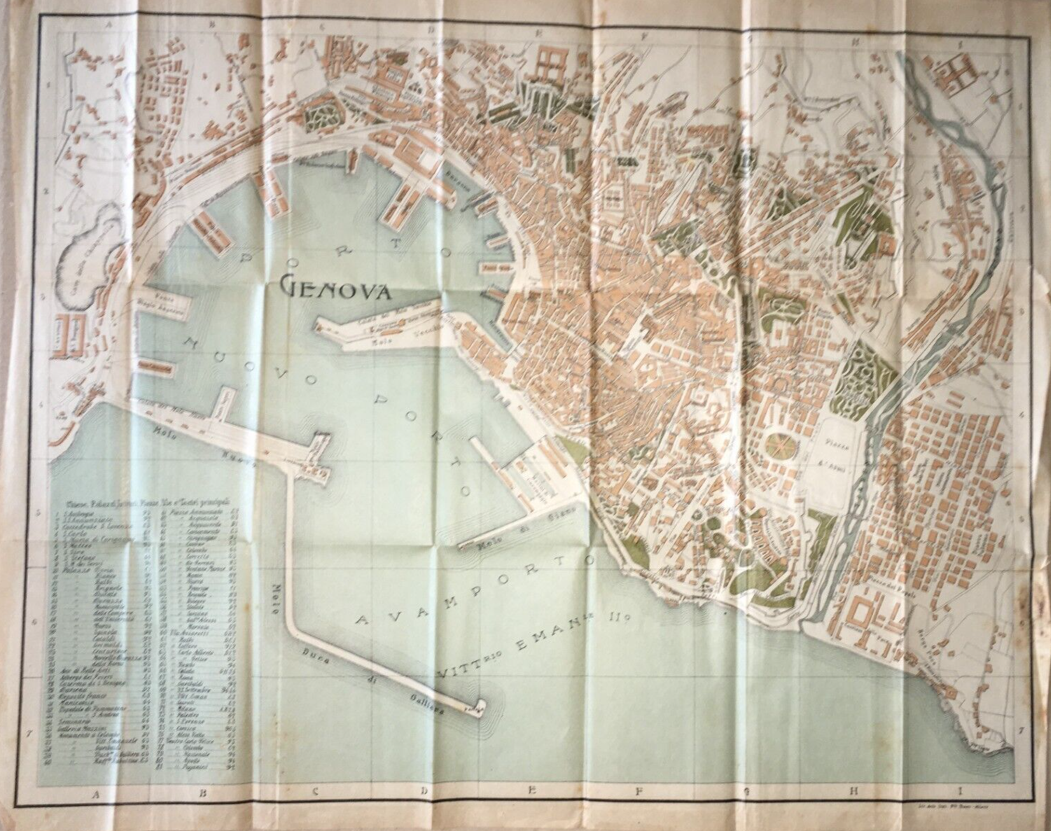 Genova: Antica Mappa Topografica E Stradario Cittadino Con Palazzi, Chiese, Teatri E Porto