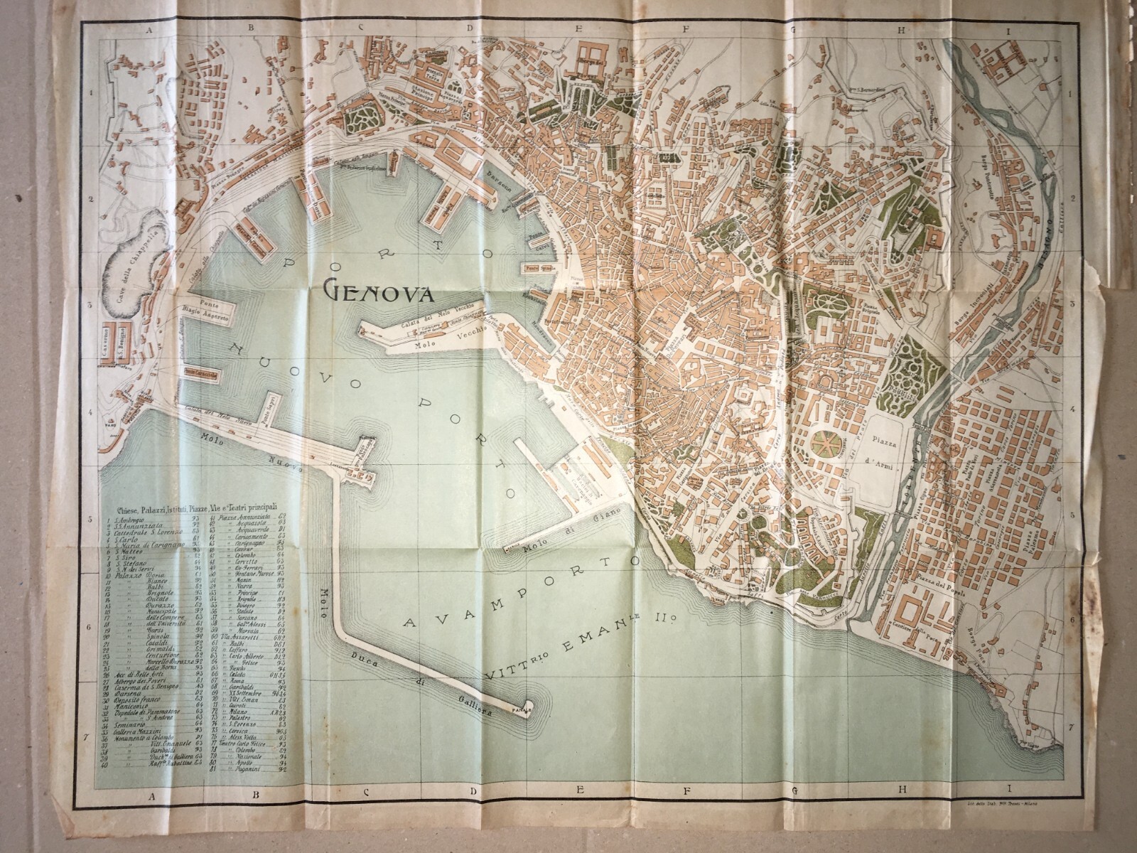 Genova: Antica Mappa Topografica E Stradario Cittadino Con Palazzi, Chiese, Teatri E Porto
