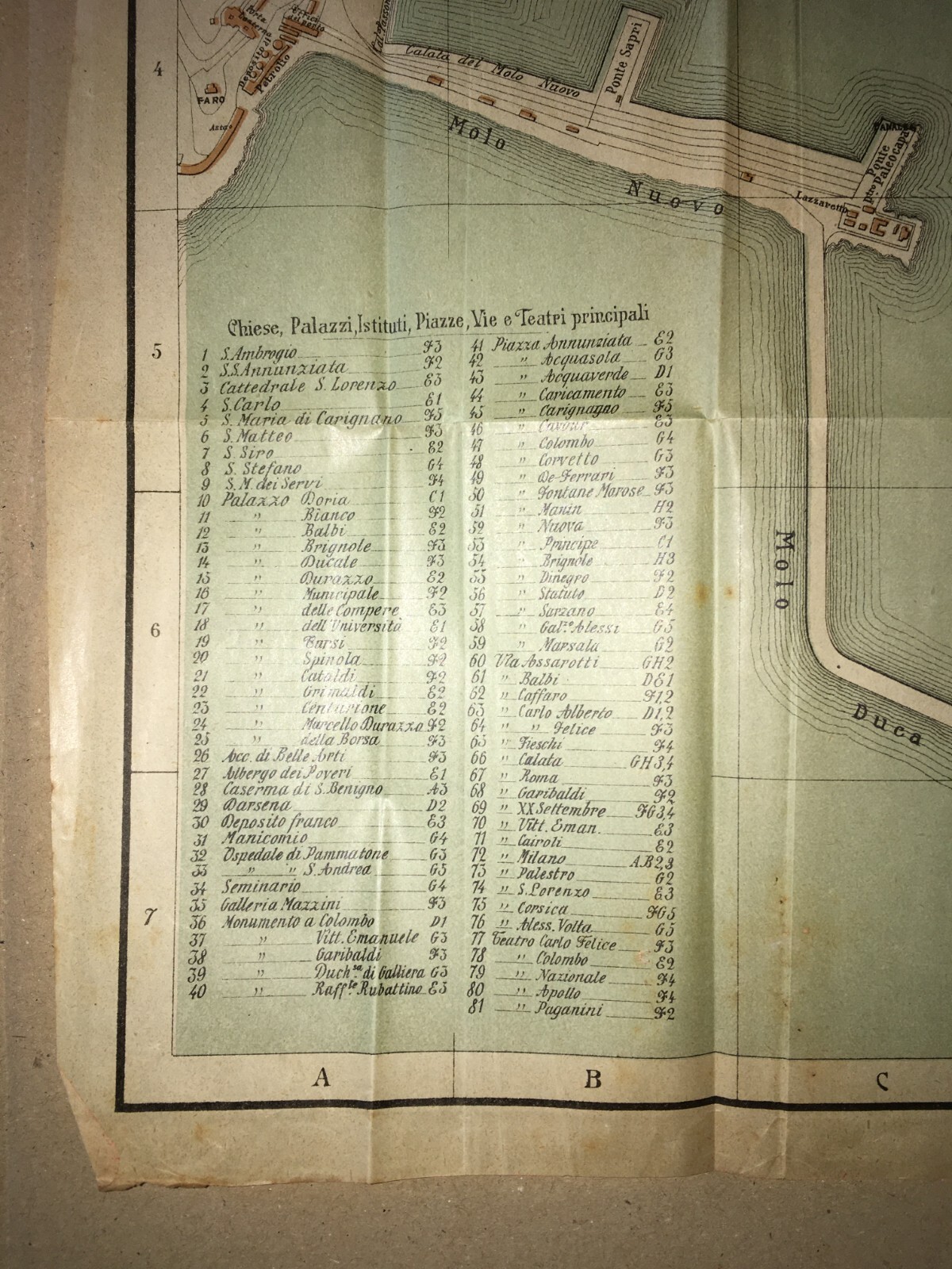 Genova: Antica Mappa Topografica E Stradario Cittadino Con Palazzi, Chiese, Teatri E Porto